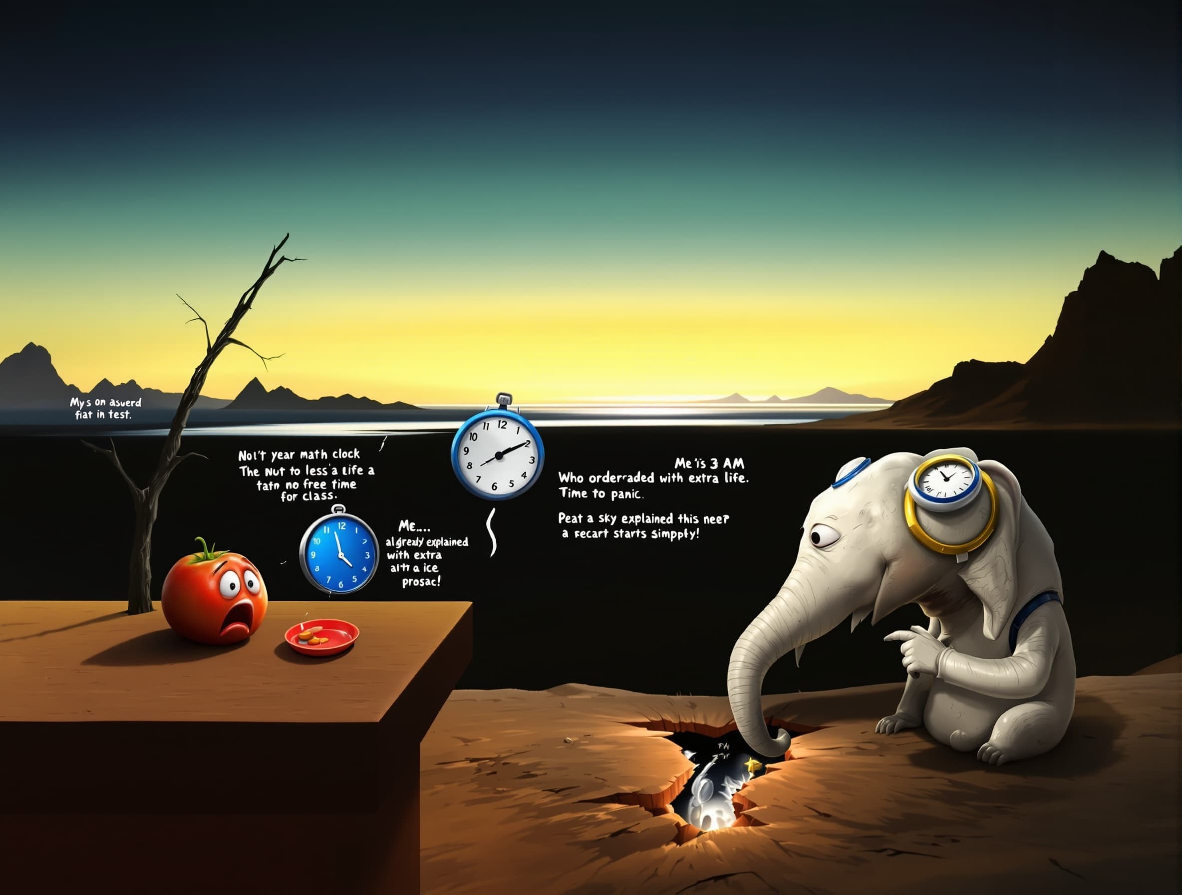 Surreal cinematic desert scene inspired by melting clocks and absurd dream logic. Sunset, empty desert, dramatic shadows, strange silent atmosphere. A crying tomato on the edge of a table screams because it failed a math test. A melted blue clock on the table acts like a tired teacher, slowly speaking with disappointment. A white melting clock hangs on a dead tree branch like a punished school officer. A strange white elephant-fish creature sleeps in the center, wearing a soft melting watch, representing the monster of midterm exams that eats students’ free time. Suddenly it wakes up, looks at its watch, and says coldly: “It’s 3 AM. Time to panic.” Then a crack opens in the distant mountain. A delivery scooter bursts out dramatically from inside the mountain, the rider shouting: “Who ordered bubble tea with extra time pressure?!” The tomato slowly raises its hand and says: “Me… less sugar, no ice, restart my life.” Then the sky itself begins speaking with the terrifying voice of a math teacher: “I already explained this in class.” Everything starts melting. Reality collapses. Funny, bizarre, surreal, cinematic, dark humor, dreamlike chaos, exaggerated expressions, absurd masterpiece.