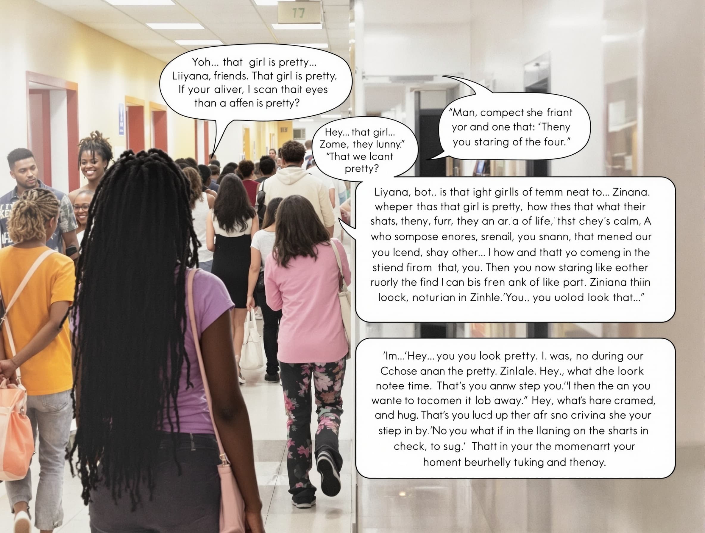 The hallway is loud and full of movement. LIYANA stands with her friends, distracted. Her dreads fall softly as she scans the crowd. Across the hall — ZINHLE. Calm. Effortless. Their eyes almost meet. Liyana quickly turns to her friends. LIYANA (whispering) “Yoh… that girl is pretty.” FRIEND (laughing) “Then why you staring like that?” Liyana hesitates… then steps away from the group. Zinhle notices her this time. They stop in front of each other. A beat of silence. ZINHLE “Hey… you look pretty.” Liyana smiles, surprised. LIYANA “That’s what I was going to say.” They both step in and hug. It lingers just a moment too long. They pull away… and quietly smile.