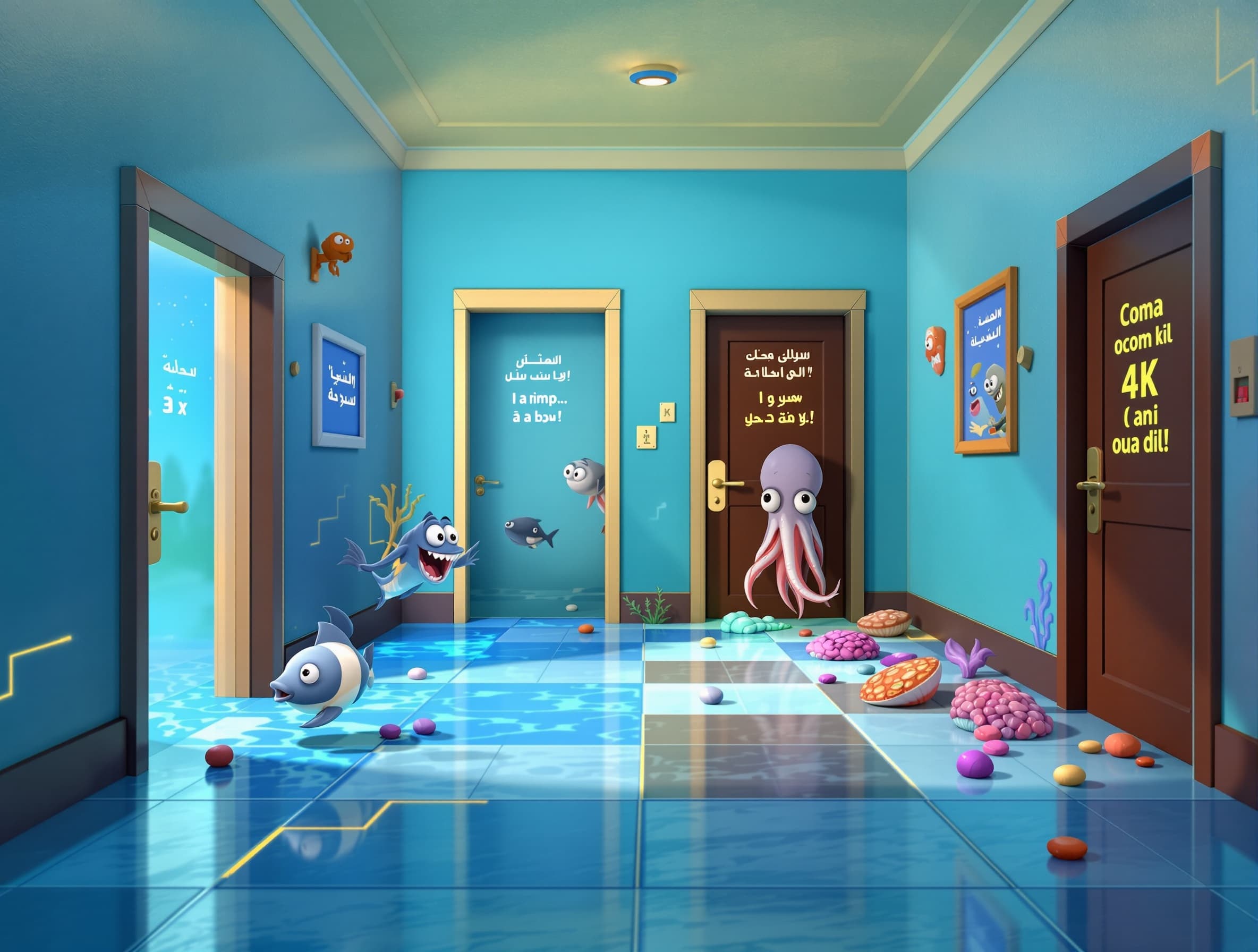 a cinematic colorful hallway with four doors next to each other, wide horizontal view, 16:9 aspect ratio, camera slowly moving forward, at first all doors are closed in a quiet scene with a strong feeling of hunger and craving for food, then the first door opens and a cute fish character pops out and says in Arabic "حاسس بالجوع", then the second door opens and a funny shrimp character comes out and says "بتفكر في اكلة حلوه", then the third door opens and another fish appears and says "وكمان تسد جوعك", then a short dramatic pause, then a voice emphasis moment, finally the fourth door opens dramatically and a confident octopus character leans out and says "يبقي مفيش غير حل واحد... تعالي معايا!", cartoon 3D pixar style, expressive characters, clear lip sync, smooth sequential animation, each door opens one by one not at the same time, cinematic lighting, playful mood, high detail, 4k, horizontal composition