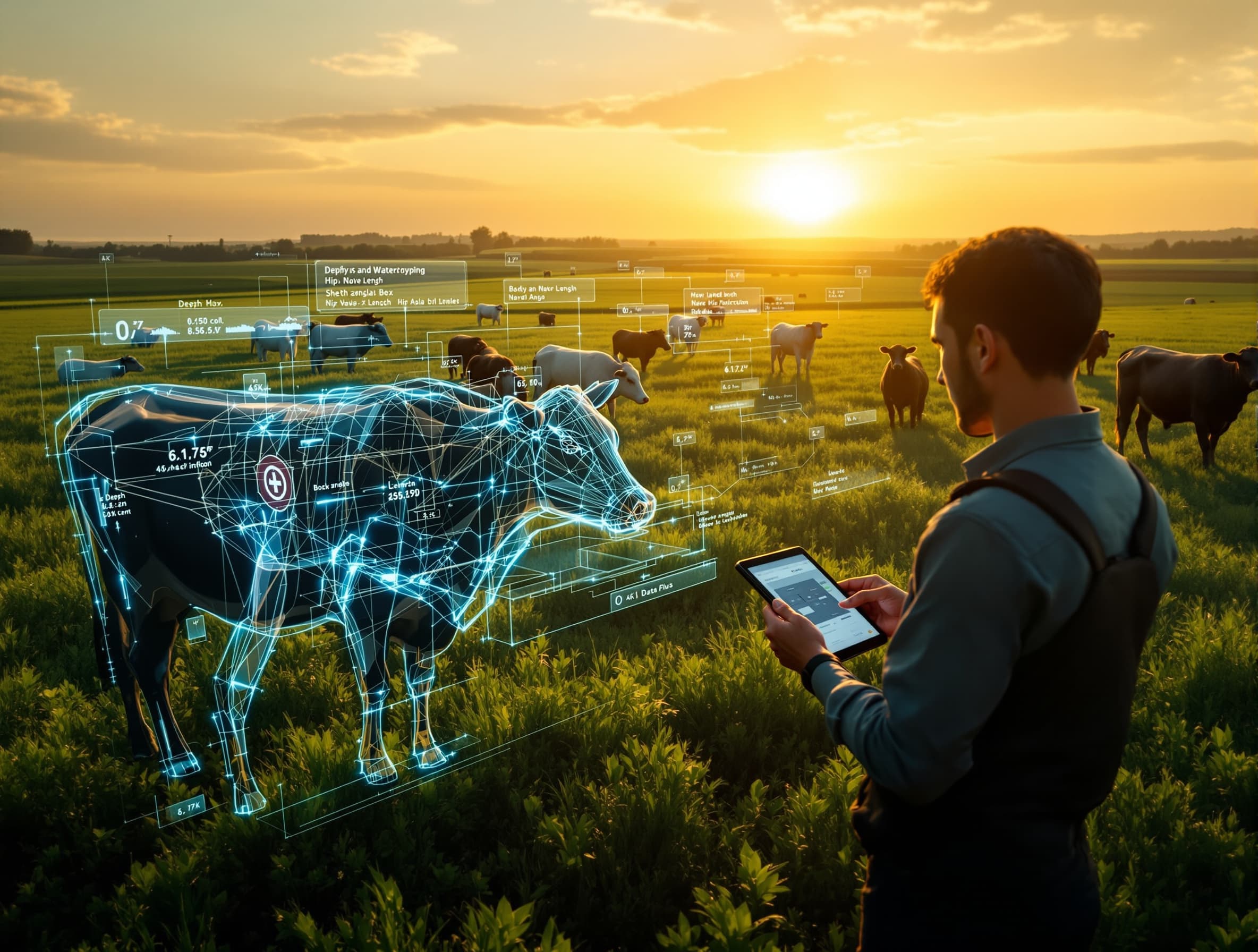 Cinematic commercial of digital phenotyping technology for cattle and water buffalo in a real farm. Drone shots of animals in green fields, sunrise lighting, highly cinematic. A futuristic AI system analyzes animals in real time with holographic overlays showing body proportions and structural traits: depth, body length, hoof angles, hip angle, back alignment, navel and sheath structure. Measurements are shown as proportional indicators (not centimeters). A technician uses a tablet to scan animals in the field. Smooth transitions between real footage and digital visualization. Include the DATAPLUS logo integrated naturally in the scene and use a reference image showing real-time measurement overlays on the animal. Style: futuristic agriculture, high-tech, ultra realistic, 4K, professional advertisement. Tone: innovative, powerful, visually striking.