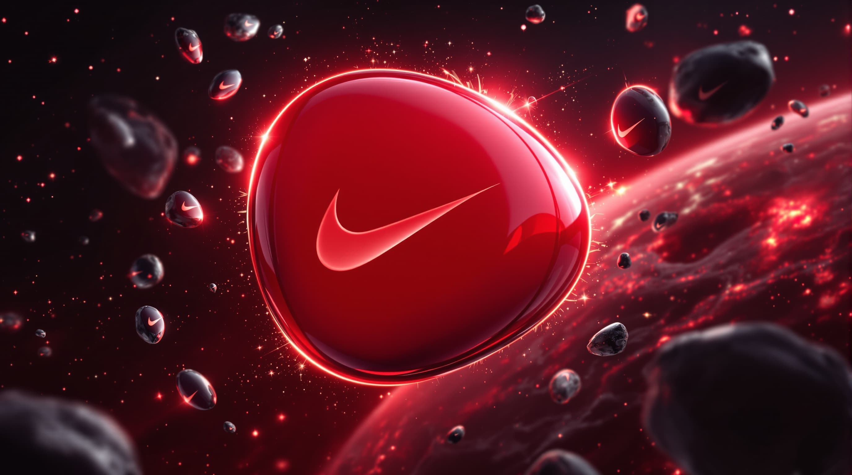 Create a cinematic 3D version of the uploaded logo floating through deep space like a powerful meteorite. The main logo is glossy, metallic, highly detailed, and illuminated with realistic reflections and strong glowing energy. It drifts slowly in zero gravity with smooth motion, gently rotating while moving forward toward the camera in a dramatic cinematic approach. The logo leaves a subtle energy trail and feels heavy, realistic, and majestic. Surrounding the background are multiple meteorite-like objects shaped like the same logo, floating at different distances and sizes, but darker, less detailed, and less bright than the main logo. The main logo remains the clear hero focus, most highlighted and glowing intensely. Background is a dark red cosmic space scene mixed with black shadows, glowing nebula clouds, subtle colorful particles, dust, and atmospheric depth. Moody cinematic lighting, ultra realistic textures, soft bloom glow, high contrast, premium futuristic style, realistic motion physics, professional brand animation, 4K quality.