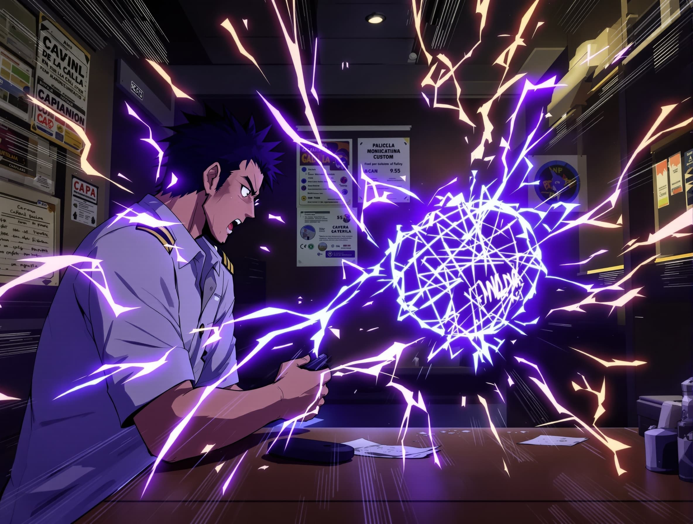 Anime acción con comedia oscura en aduana marítima de Guatemala, Santo Tomás de Castilla. Formato 9:16, 20-30s, estilo cinematográfico, iluminación dramática, cámara dinámica, voz español latino, música épica. En módulos de salida, un piloto entrega documentos pero aparece retenido. Enojado dice: “de verte en la calle tengo culero”. El técnico responde: “manos te van a faltar hijo de tu contenedor”. De noche, afuera, el piloto con machete grita: “así te quería encontrar aduanero”. El aduanero dice: “a ver si muy verga”. El piloto ataca, el aduanero esquiva con dificultad. El piloto usa “onigiri” estilo anime. El aduanero activa sharingan y mejora su esquiva. Contraataca, pero el piloto activa bankai y lo golpea casi hasta matarlo. Cuando lo remata, el aduanero lanza tortilla, chicharrón y sal. El piloto grita: “cabron”. El aduanero activa rinnegan y dice: “mañana también estarás retenido”. El piloto cae derrotado.