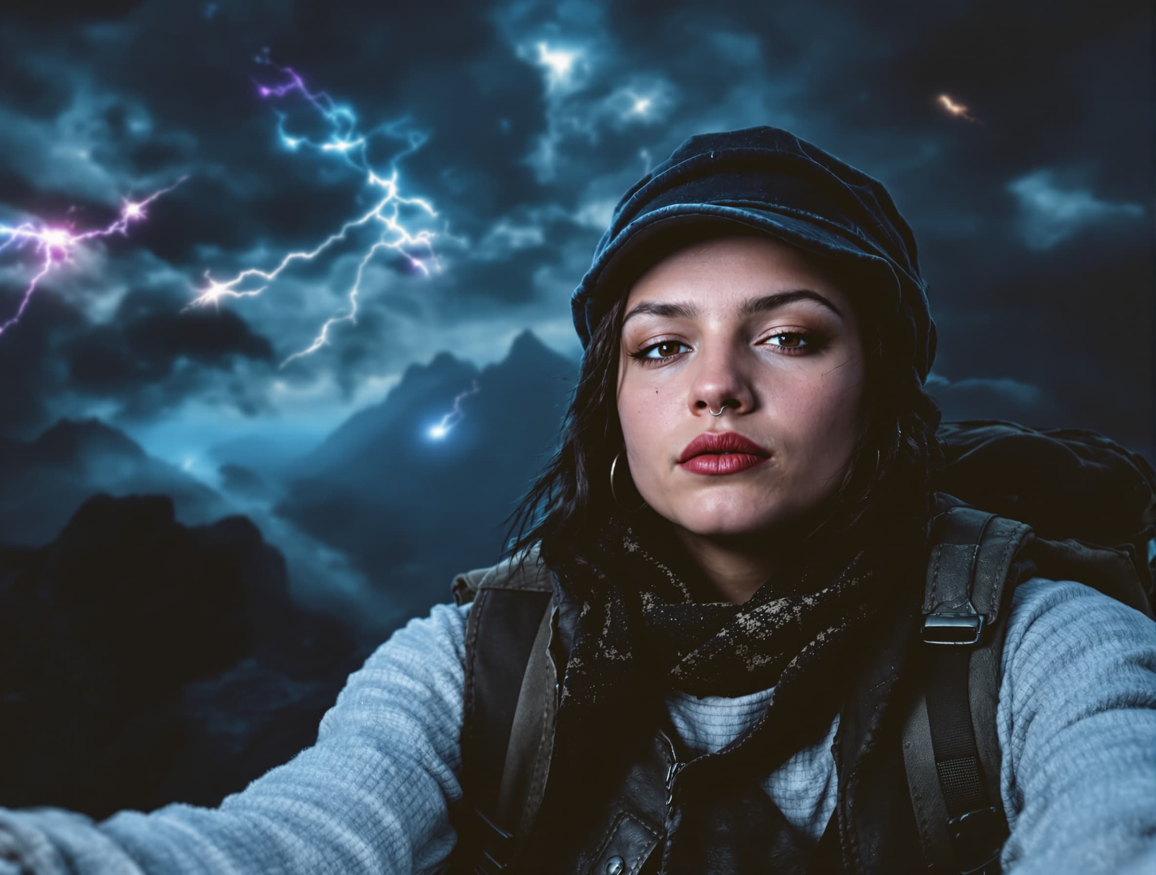 portrait of a traveler, cinematic lighting, shallow depth of field, ultra detailed, vivid color grading dark storm sky, cinematic lighting, fantasy atmosphere