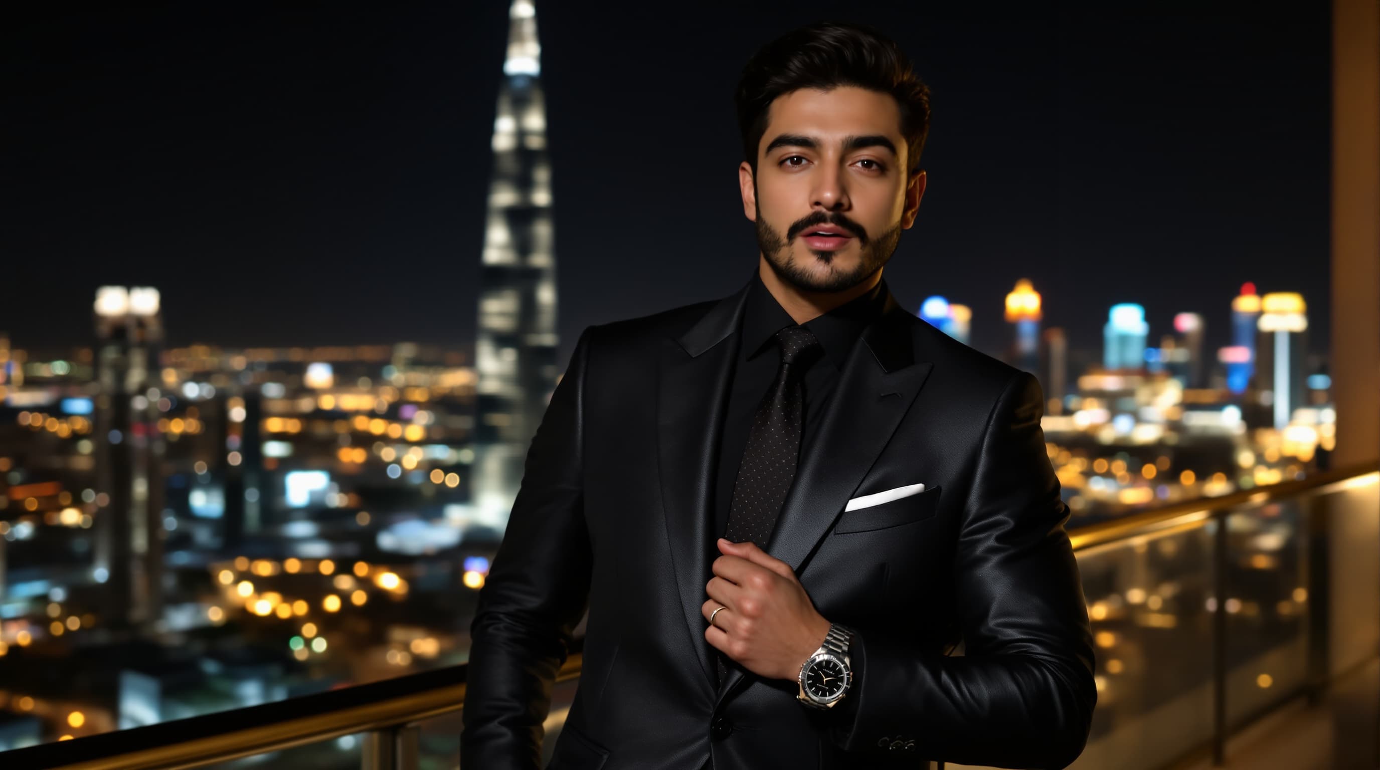 A 19-year-old Persian man walking slowly on a luxury hotel balcony in Dubai at night, Burj Khalifa in the background, natural handheld camera, realistic motion, casual TikTok vlog style, slight wind, cinematic but realistic lighting, natural facial expressions, looking at camera while talking