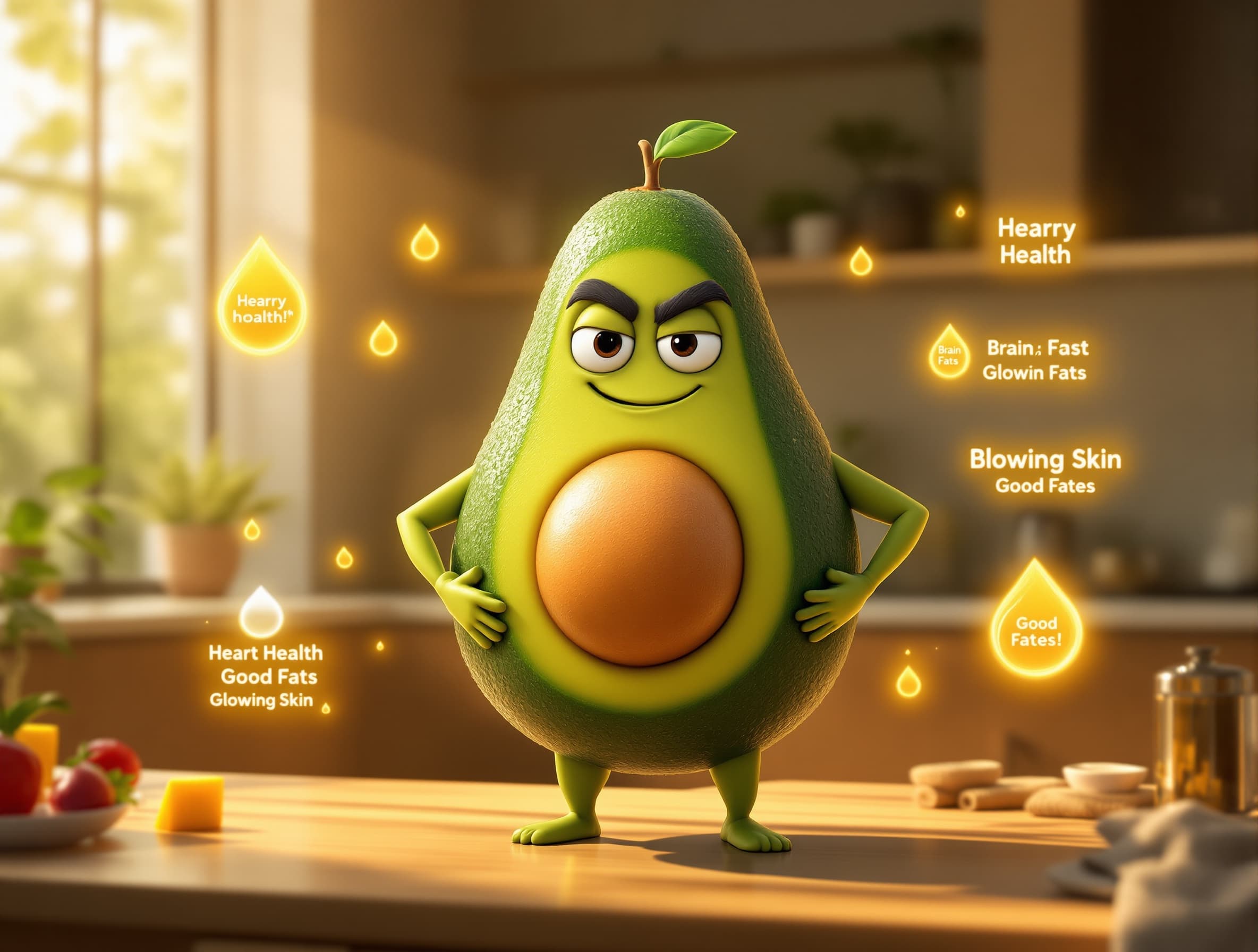 Pixar-style 3D animated avocado character with rich green creamy texture and big expressive eyes stands confidently in a modern clean kitchen. Warm golden sunlight streams through the window, creating soft cinematic lighting and depth of field. The avocado has a confident smile and slightly flexes its arms like a hero. A glowing golden aura of healthy fats slowly rotates around it with floating droplets labeled “Heart Health”, “Brain Boost”, “Good Fats”, and “Glowing Skin”. The camera starts with a slight low-angle hero shot and slowly pushes in (cinematic dolly-in). Subtle idle movements: blinking eyes, slight breathing motion, gentle shine on the surface. Background remains softly blurred with plants and kitchen items. Ultra-detailed textures, high realism, smooth animation, 9:16 vertical, cinematic quality, 4K.