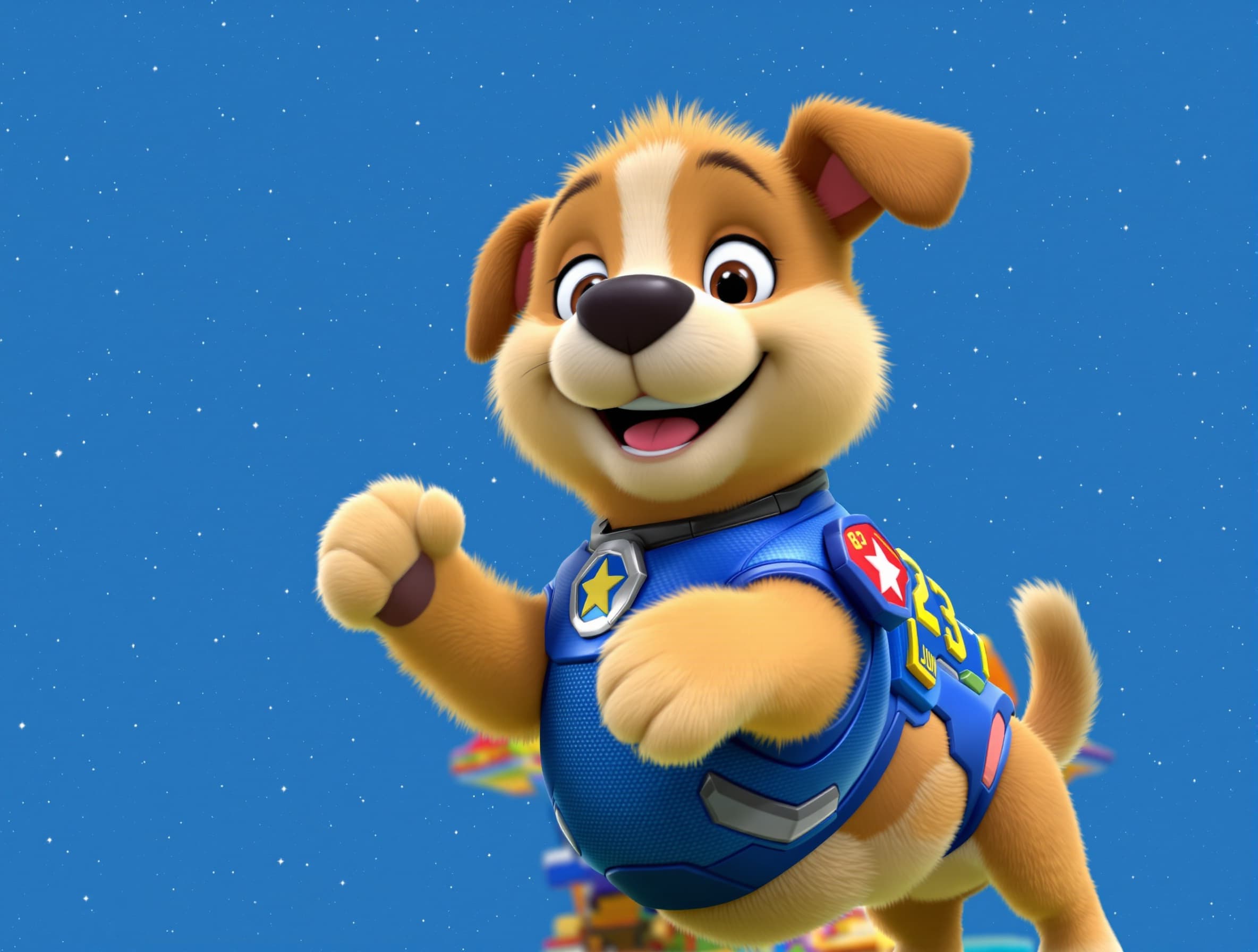 Animate the character from the uploaded photo. The puppy starts bouncing up and down happily, raising paws in the air, smiling and encouraging children to jump together. Fun kids fitness warm-up style, energetic movements, natural cartoon motion, full body visible, bright playground background, 3D animation, 10-second video.