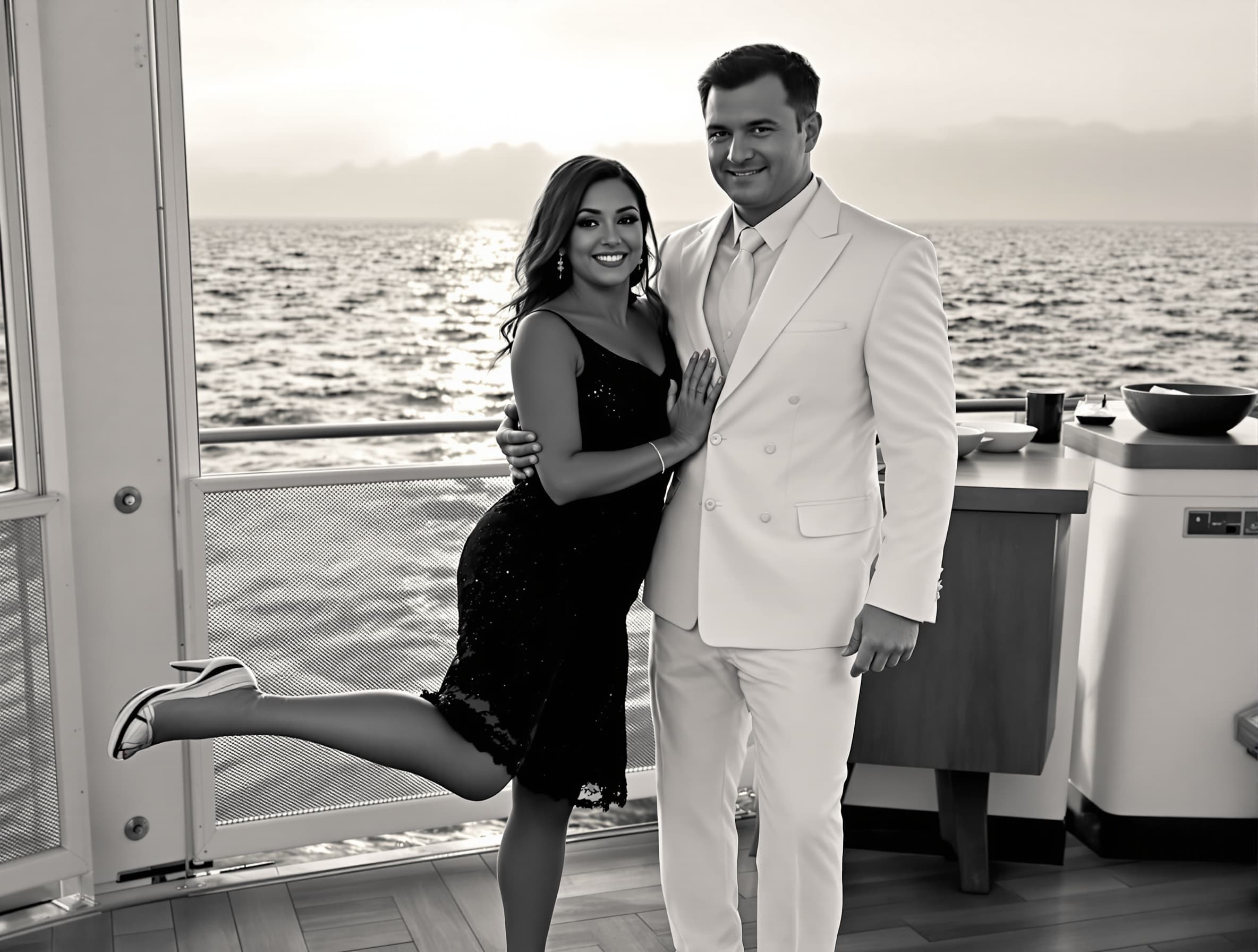 Create a realistic video of a couple dancing bachata on a luxury cruise ship at sunset. Use the uploaded photos as identity reference — the man and woman must be exactly the same people from the photos. Keep their faces unchanged, identical likeness, no modifications. The man wears a white suit, the woman a black dress. Smooth, close bachata dance, romantic mood, ocean background, cinematic lighting, ultra realistic, 4K, no face distortion.