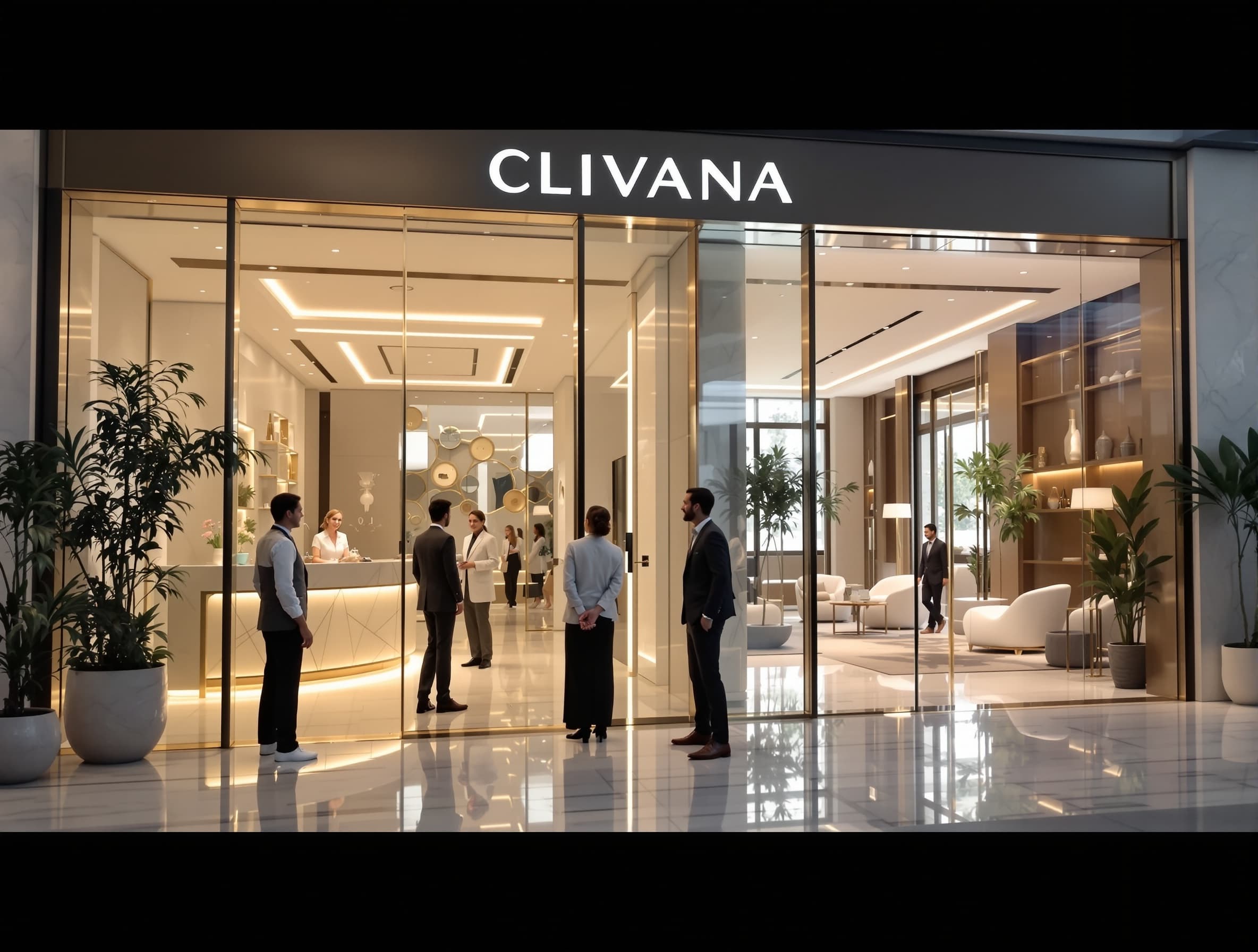 CLIVANA luxury clinic cinematic video. Elegant modern exterior with premium CLIVANA sign, glass doors opening, warm welcoming light. Patient arrives and is greeted by a smiling professional receptionist. Luxurious reception area with marble floor, soft lighting, flowers, refined decor, calm atmosphere. Staff welcomes patient warmly and offers assistance. Patient walks through spacious premium lobby to elegant waiting lounge with designer chairs, water service, natural light.
