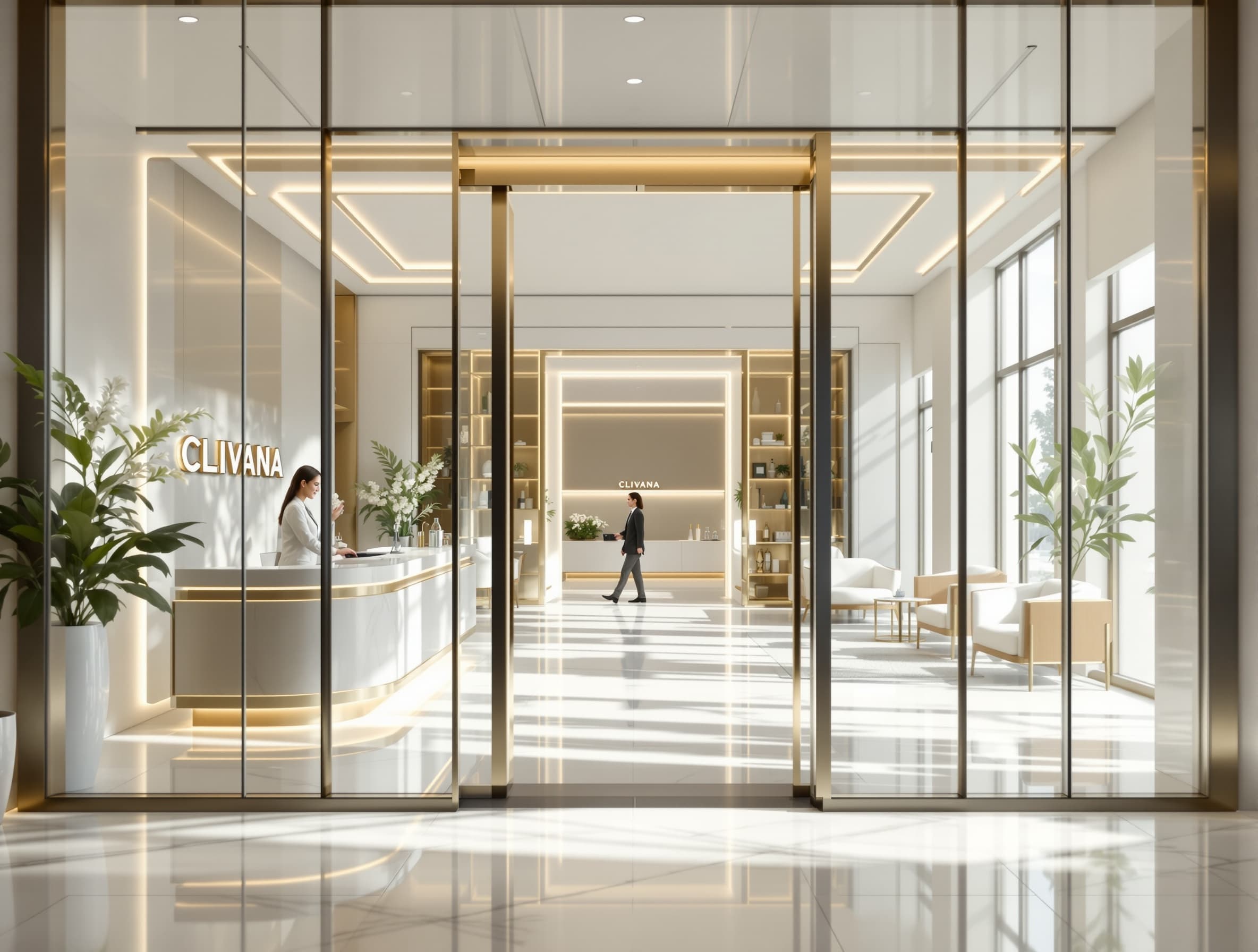 CLIVANA luxury clinic cinematic short video. Elegant modern exterior with premium CLIVANA sign, glass doors opening, bright natural daylight, clean and welcoming atmosphere. Patient arrives and is greeted by a smiling professional receptionist. Luxurious reception area with white marble floor, bright soft lighting, fresh flowers, refined modern decor, calm and clean ambiance. Staff warmly welcomes patient and offers assistance. Patient walks through spacious premium lobby to an elegant waiting lounge with designer chairs, water service, large windows, natural sunlight. Clear bright design, white and gold tones, modern minimal style, smooth cinematic camera movement, short premium commercial, ultra realistic, 4K.