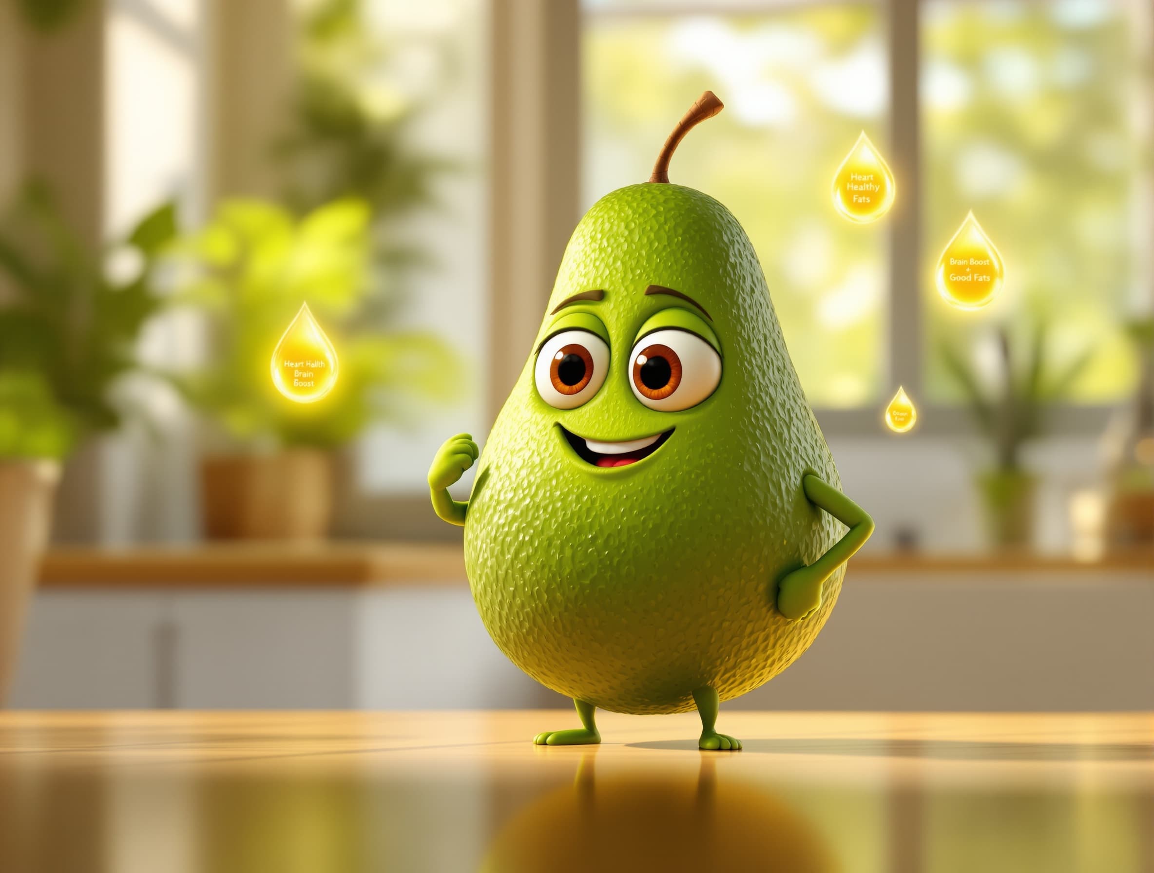 Pixar-style 3D animated avocado character with rich green creamy texture and big expressive eyes stands confidently in a modern clean kitchen. Warm golden sunlight streams through the window, creating soft cinematic lighting and depth of field. The avocado has a confident smile and slightly flexes its arms like a hero. A glowing golden aura of healthy fats slowly rotates around it with floating droplets labeled “Heart Health”, “Brain Boost”, “Good Fats”, and “Glowing Skin”. The camera starts with a slight low-angle hero shot and slowly pushes in (cinematic dolly-in). Subtle idle movements: blinking eyes, slight breathing motion, gentle shine on the surface. Background remains softly blurred with plants and kitchen items. Ultra-detailed textures, high realism, smooth animation, 9:16 vertical, cinematic quality, 4K.