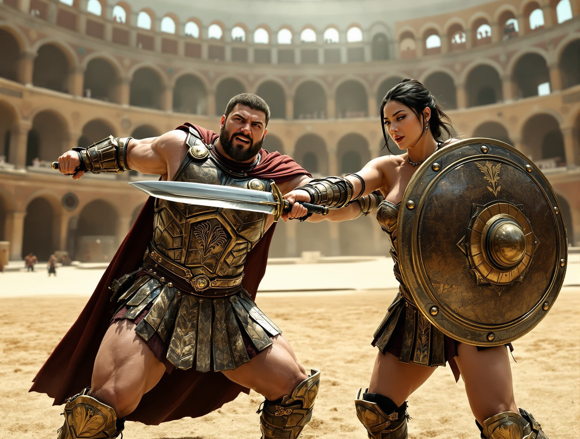 A cinematic fight between two gladiators in an ancient Roman colosseum. A strong male warrior attacks with a sword while a skilled female gladiator blocks with her shield and counters quickly. They move fast across the sandy arena, dust rising under their feet. Natural sunlight, realistic shadows, detailed armor, intense action, ultra-realistic, 4K, dynamic camera movement.