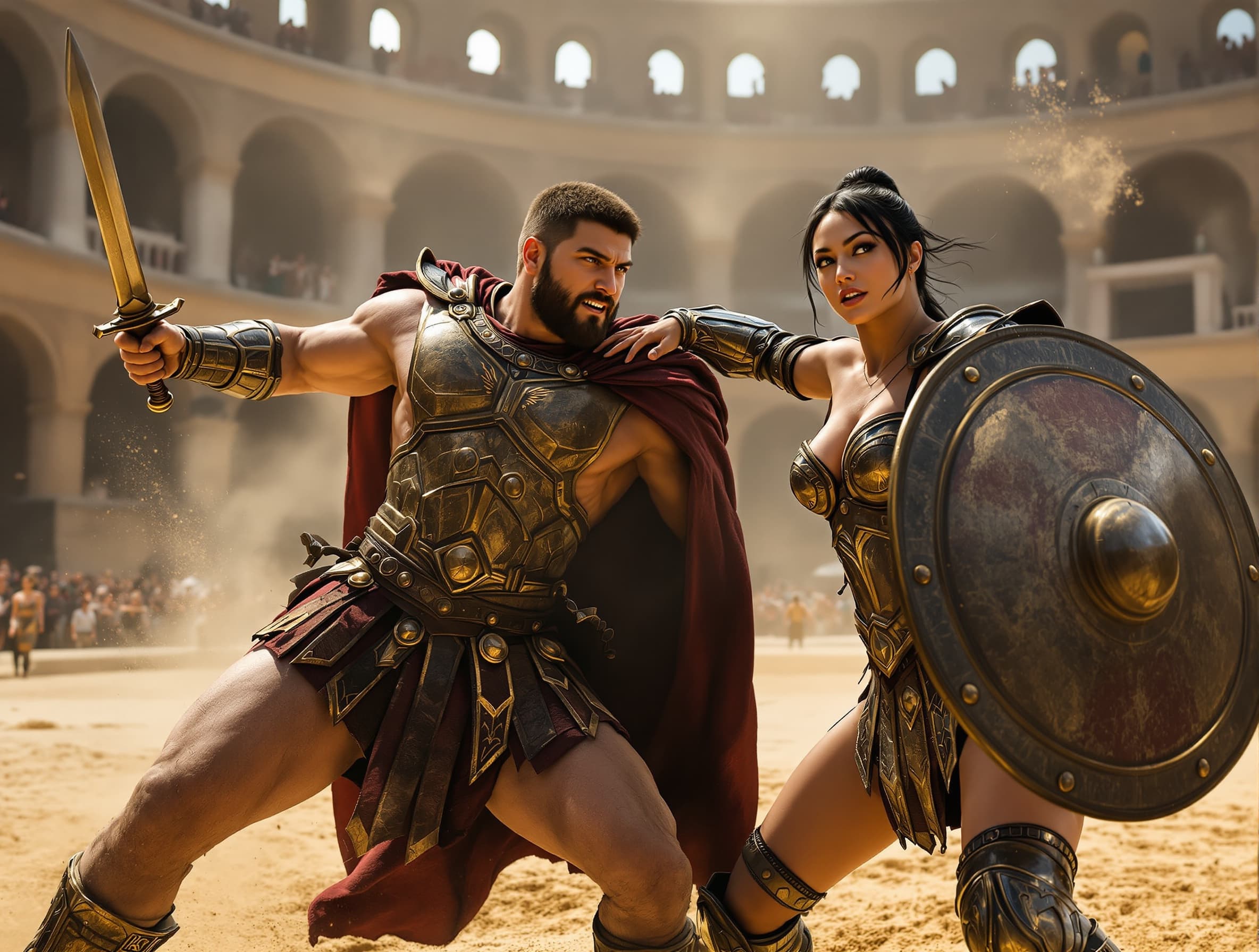 A cinematic fight between two gladiators in an ancient Roman colosseum. A strong male warrior attacks with a sword while a skilled female gladiator blocks with her shield and counters quickly. They move fast across the sandy arena, dust rising under their feet. Natural sunlight, realistic shadows, detailed armor, intense action, ultra-realistic, 4K,