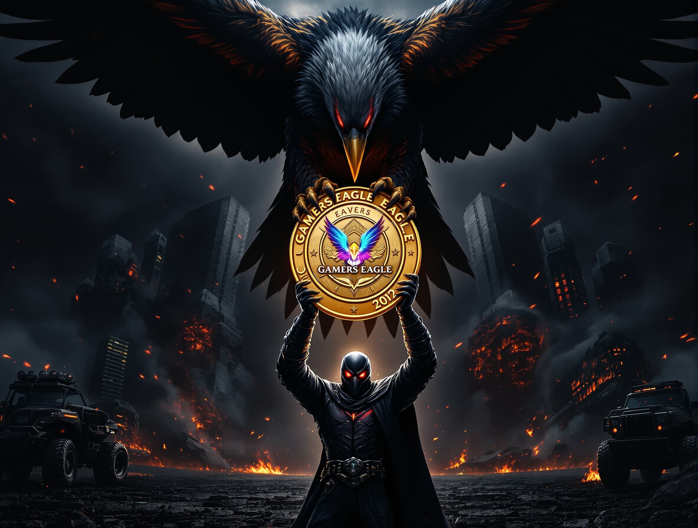 Create a 9-second ultra-cinematic video from the provided image in 1080p (Full HD). Keep EVERYTHING exactly the same — same logo, same text "Gamers Eagle" (DO NOT change spelling or font), same character, same eagle, same background, same composition. No redesign, no distortion, no extra elements. Scene Direction: A massive eagle descends from above with smooth, natural wing flapping. The eagle is holding the coin (logo) firmly in its claws. The character below is facing forward, wearing a black mask with glowing red eyes, arms raised forward (hands clearly visible from the front). Action: The eagle slowly moves down and gently transfers the coin into the character’s hands. The transfer must complete BEFORE the video ends. Timing: - 0s–3s: Eagle flying down (slow, controlled motion) - 3s–7s: Coin transfer into hands (clear, centered, visible) - 7s–9s: Character holding the coin steady — FINAL FREEZE FRAME (no motion) Effects: - Subtle wing movement (realistic physics) - Smoke drifting from both sides - Fire embers floating in air - Light cinematic camera push-in - Soft glow from the coin reflecting on armor Focus: Sharp focus on the coin and “Gamers Eagle” text — text must remain perfectly readable and unchanged. Style: Hollywood cinematic, ultra-realistic lighting, high contrast, dramatic atmosphere Audio: Add a realistic eagle screech exactly at the moment of coin transfer Important: NO CHANGES to logo, text, or design — only animation effects.