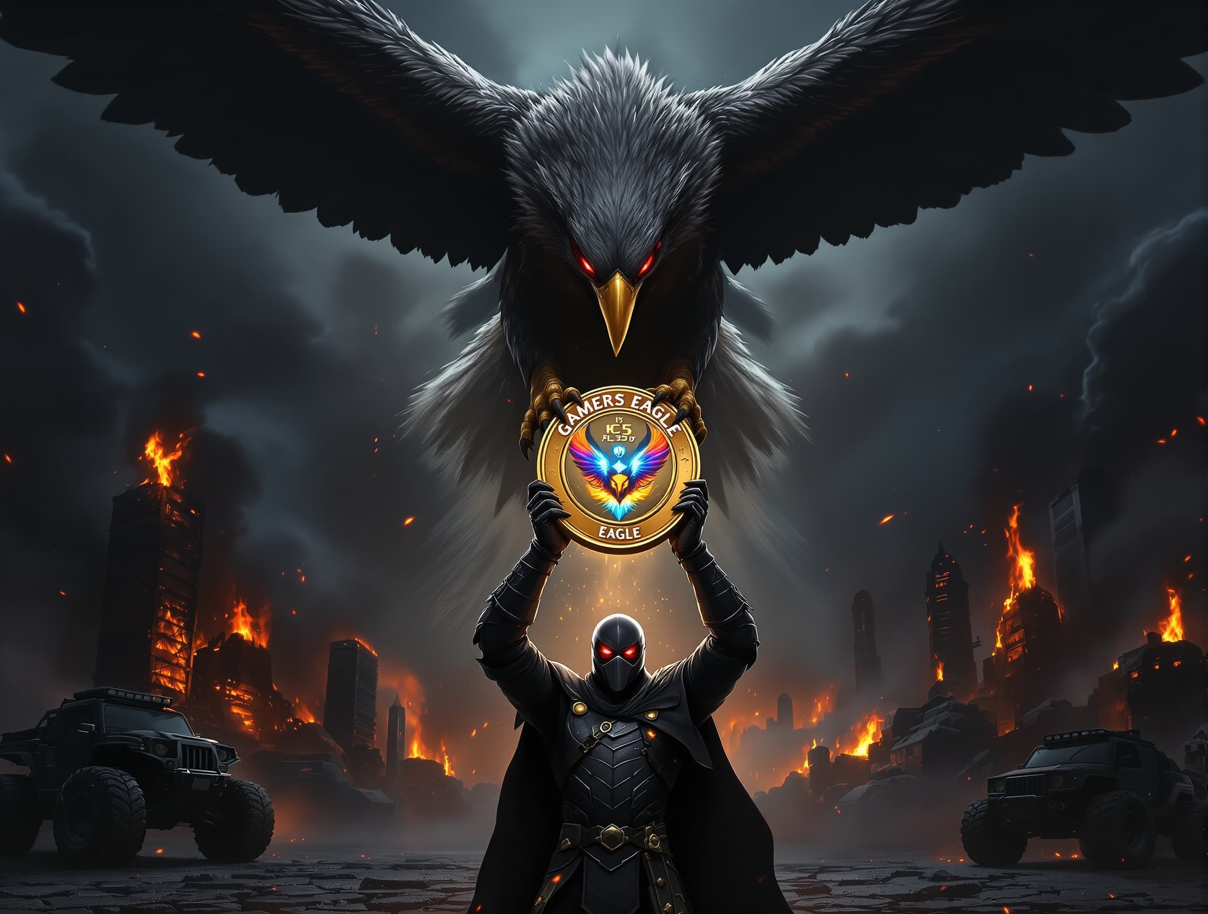 Create a 9-second ultra-cinematic video from the provided image in 1080p (Full HD). Keep EVERYTHING exactly the same — same logo, same text "Gamers Eagle" (DO NOT change spelling or font), same character, same eagle, same background, same composition. No redesign, no distortion, no extra elements. Scene Direction: A massive eagle descends from above with smooth, natural wing flapping. The eagle is holding the coin (logo) firmly in its claws. The character below is facing forward, wearing a black mask with glowing red eyes, arms raised forward (hands clearly visible from the front). Action: The eagle slowly moves down and gently transfers the coin into the character’s hands. The transfer must complete BEFORE the video ends. Timing: - 0s–3s: Eagle flying down (slow, controlled motion) - 3s–7s: Coin transfer into hands (clear, centered, visible) - 7s–9s: Character holding the coin steady — FINAL FREEZE FRAME (no motion) Effects: - Subtle wing movement (realistic physics) - Smoke drifting from both sides - Fire embers floating in air - Light cinematic camera push-in - Soft glow from the coin reflecting on armor Focus: Sharp focus on the coin and “Gamers Eagle” text — text must remain perfectly readable and unchanged. Style: Hollywood cinematic, ultra-realistic lighting, high contrast, dramatic atmosphere Audio: Add a realistic eagle screech exactly at the moment of coin transfer Important: NO CHANGES to logo, text, or design — only animation effects.