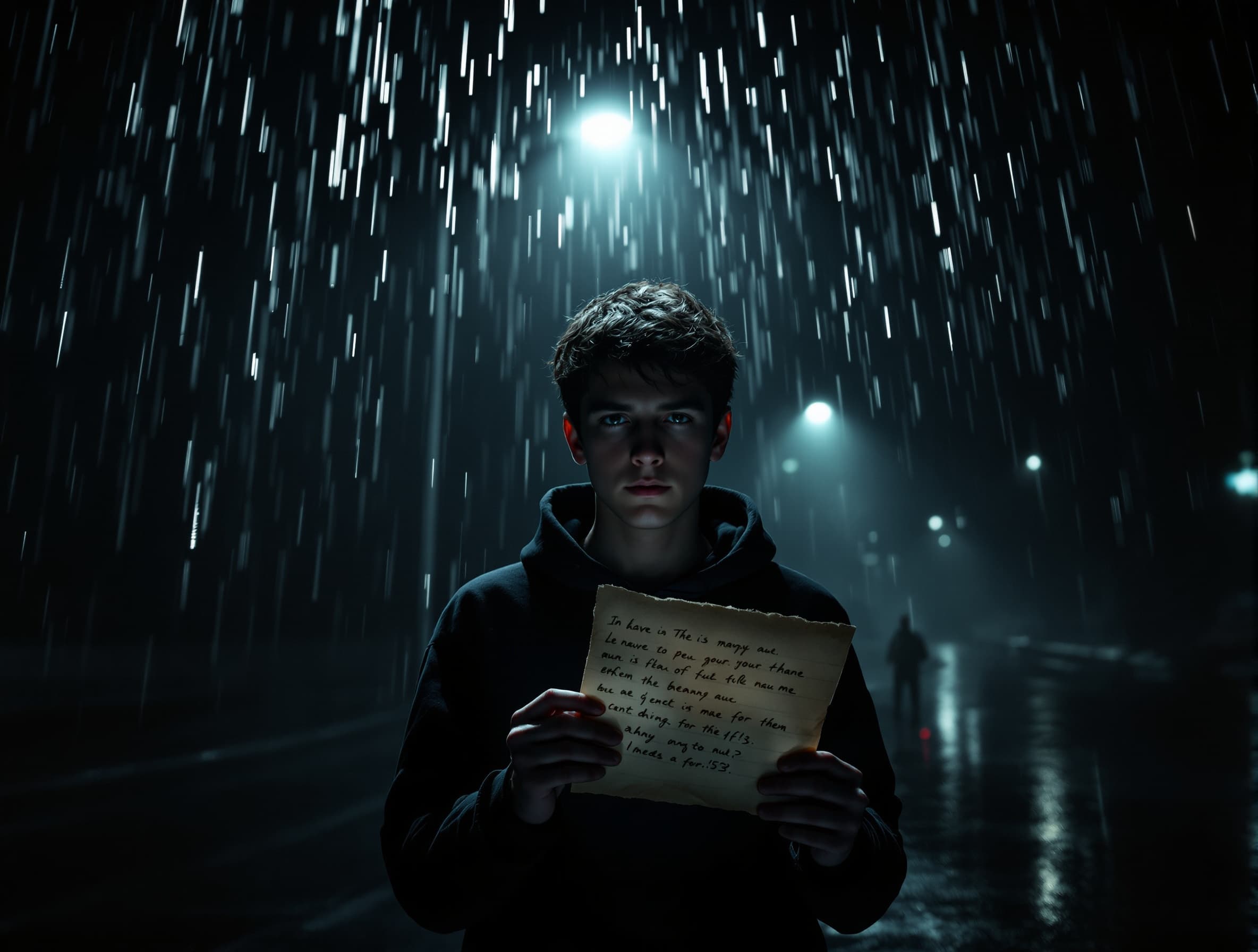 A dark rainy night with cinematic lighting, a lonely teenage boy standing under a flickering streetlight while holding an old mysterious letter, rain falling slowly, emotional atmosphere, ultra realistic, slow camera zoom, 4K quality.