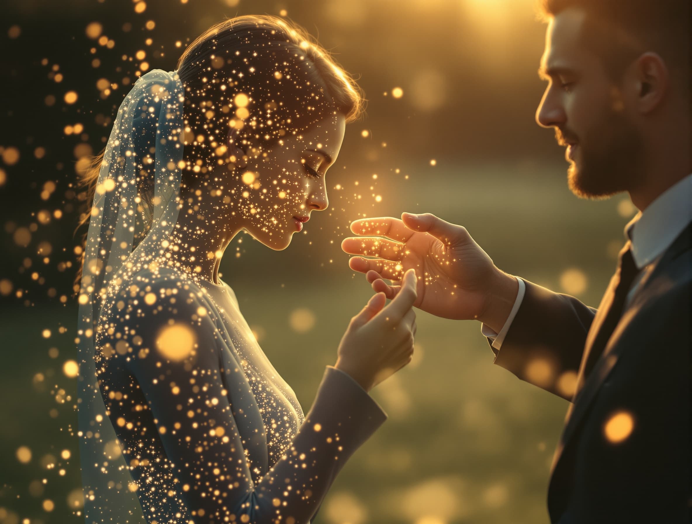 man and woman almost touching hands, she fades away into light particles, emotional, symbolic, cinematic slow motion