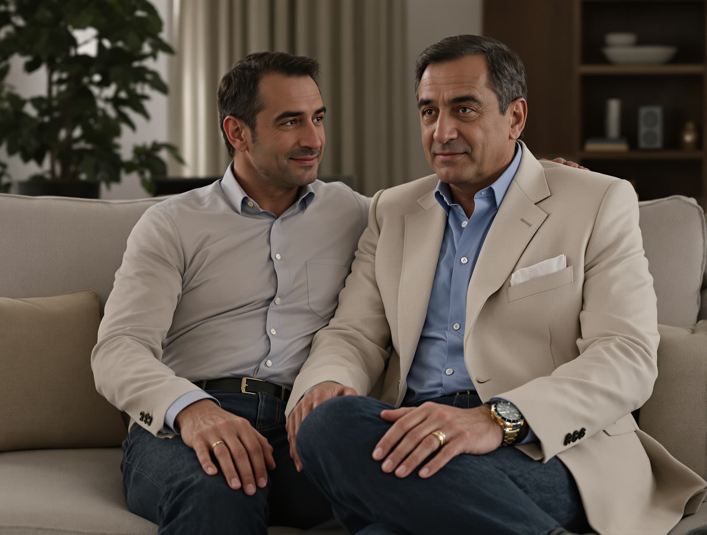 مشهد سينمائي لرجل شاب يجلس على أريكة داخل غرفة بأسلوب سبعينيات القرن الماضي. تظهر نسخة أكبر سنًا من نفس الرجل من عام 2026 وهو يتقدم نحوه بخطوات هادئة. يجلس بجانبه ويضع يده على كتفه، ثم يتبادلان نظرة وابتسامة خفيفة، وبعدها ينظران نحو الكاميرا. بعد ذلك، يميل الرجل الأكبر سنًا برأسه إلى اليسار وكأنه يلاحظ شخصًا آخر يقترب. تتحرك الكاميرا بسلاسة بحركة بانورامية نحو اليسار لتكشف عن شاب مختلف (شخص آخر). ثم يظهر النسخة الأكبر سنًا من هذا الشخص الجديد، ويتكرر نفس المشهد (الاقتراب، الجلوس، وضع اليد على الكتف، النظرة، ثم النظر للكاميرا). تستمر الكاميرا بالحركة البانورامية لتنتقل بين عدة أشخاص مختلفين، كل شخص يظهر بنسخته الشابة ثم نسخته الأكبر سنًا بنفس التسلسل. إضاءة ناعمة، طابع سينمائي واقعي، حركة كاميرا سلسة جدًا، انتقالات ناعمة، جودة عالية 4K، عمق مجال ضحل.