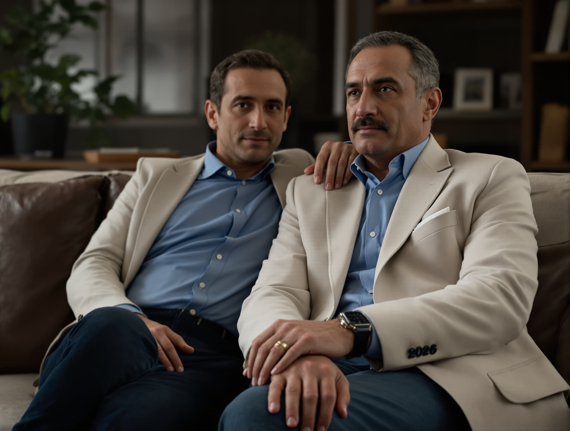 مشهد سينمائي لرجل شاب يجلس على أريكة داخل غرفة بأسلوب سبعينيات القرن الماضي. تظهر نسخة أكبر سنًا من نفس الرجل من عام 2026 وهو يتقدم نحوه بخطوات هادئة. يجلس بجانبه ويضع يده على كتفه، ثم يتبادلان نظرة وابتسامة خفيفة، وبعدها ينظران نحو الكاميرا. بعد ذلك، يميل الرجل الأكبر سنًا برأسه إلى اليسار وكأنه يلاحظ شخصًا آخر يقترب. تتحرك الكاميرا بسلاسة بحركة بانورامية نحو اليسار لتكشف عن شاب مختلف (شخص آخر). ثم يظهر النسخة الأكبر سنًا من هذا الشخص الجديد، ويتكرر نفس المشهد (الاقتراب، الجلوس، وضع اليد على الكتف، النظرة، ثم النظر للكاميرا). تستمر الكاميرا بالحركة البانورامية لتنتقل بين عدة أشخاص مختلفين، كل شخص يظهر بنسخته الشابة ثم نسخته الأكبر سنًا بنفس التسلسل. إضاءة ناعمة، طابع سينمائي واقعي، حركة كاميرا سلسة جدًا، انتقالات ناعمة، جودة عالية 4K، عمق مجال ضحل.