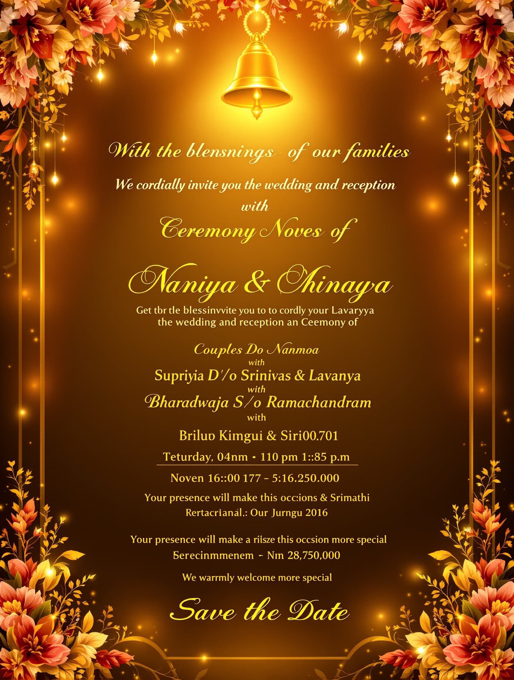 Create an elegant Telugu wedding and reception invitation video with royal gold and floral theme. Traditional Indian style, soft romantic music, cinematic transitions, glowing lights, temple bell intro. Show couple names beautifully in stylish fonts. Add Telugu + English text. Duration 25 seconds. Text for Video Scenes Scene 1 - With the blessings of our families We cordially invite you to the wedding and reception Ceremony of Scene 2 - Supriya D/o Srinivas & Lavanya with Bharadwaja S/o Ramachandram & Srimathi Scene 3 - Date:30th April 2026 WEDDING Venue: B.S.L GARDENS DHARMAPURI ROAD, JAGITYAL Reception Date: 03rd may 2026 Reception Venue: S.R.K. Convention, opp to kotha cheruvu, Siricilla Scene 4 - Your presence will make this occasion more special We warmly welcome you Scene 5 Save the Date