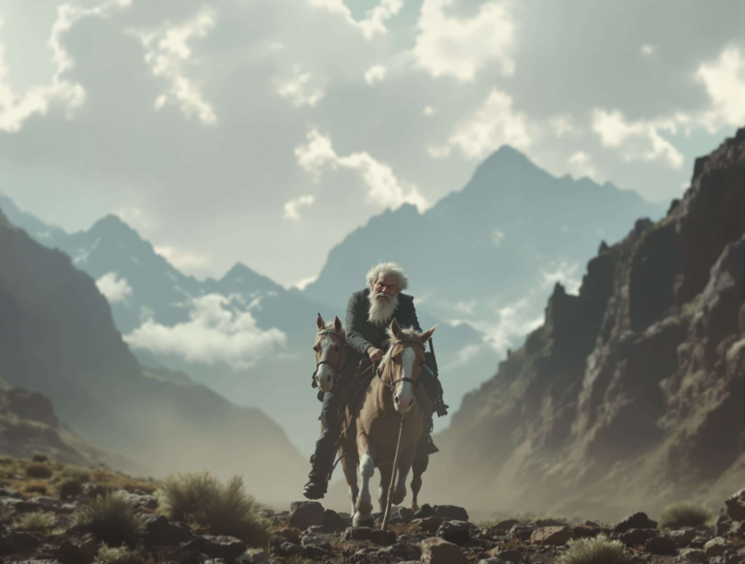 "Create a funny cinematic video using the face of the person from the provided image. The video starts with him confidently riding a horse through epic mountain landscapes, like a heroic movie scene, with dramatic music playing. Suddenly, a loud, exaggerated 'voice from the sky' speaks in Spanish in a slightly dramatic and humorous tone, saying: 'Benjamin, este año has envejecido mucho… feliz cumpleaños!' He looks confused and slightly offended. Then he slowly gets off the horse in an overly dramatic way, grabs a walking stick from the horse, and starts walking like an old man. As he walks, his hair quickly turns white, his face becomes wrinkled, and his posture becomes hunched in an exaggerated, cartoonish way. Add funny sound effects (like creaking bones), and make the transformation slightly over-the-top and comedic. End with him struggling to walk while the horse looks at him confused, maybe even rolling its eyes."