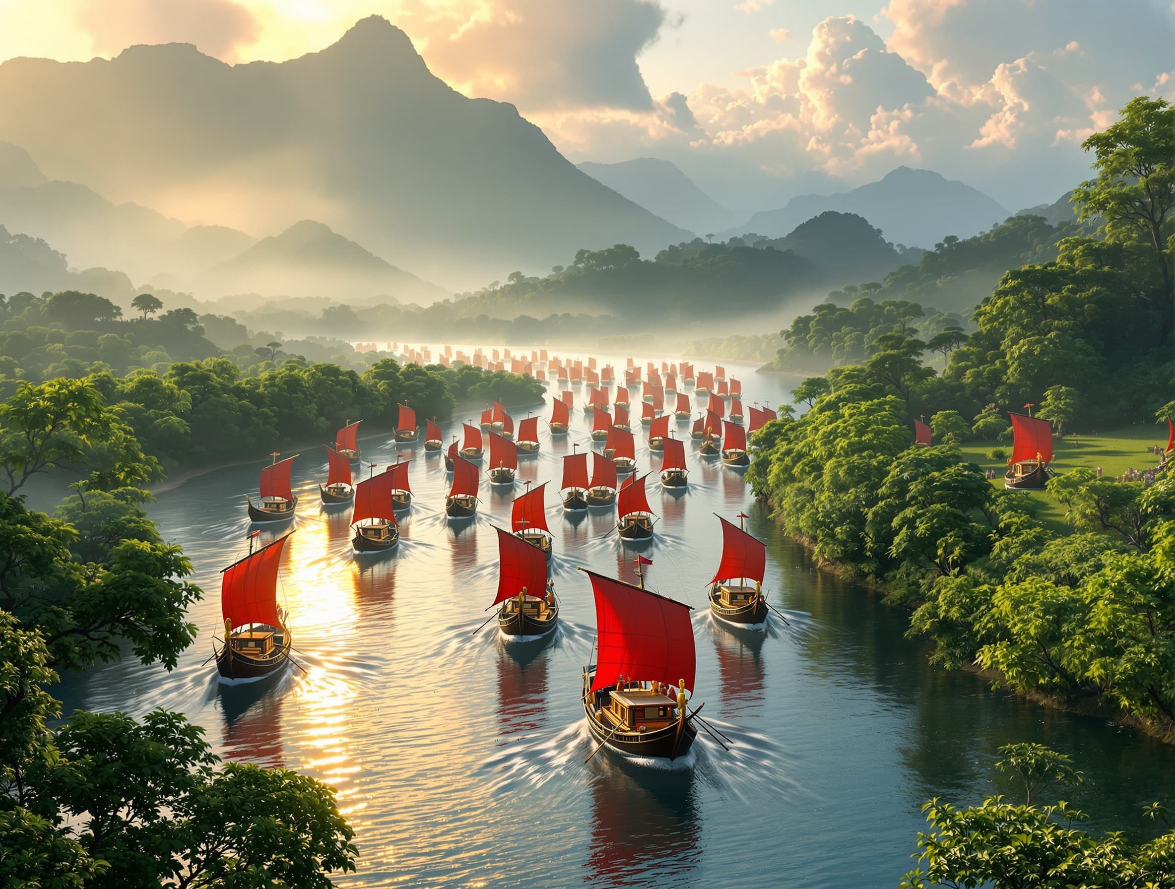 Cinematic animated sequence of a 12th-century Song Dynasty naval fleet sailing across the tranquil waters of Bone Bay, Indonesia, at dawn. Dozens of majestic ancient Chinese wooden junks with red silk sails and ornate golden dragon carvings move gracefully through light ocean mist. The tropical Sulawesi coastline appears in the distance, with dense green forests and towering mountains under warm golden sunlight. The fleet gradually approaches the river mouth and transitions into the narrow, winding Rongkong River, surrounded by lush jungle vegetation, mangrove forests, and misty hills. The ships carefully navigate the calm river waters, with reflections of trees and sails shimmering on the surface. Atmospheric lighting, volumetric fog, highly detailed environment, realistic water physics, smooth animation, epic historical tone, immersive cinematic composition, vertical format --ar 9:16