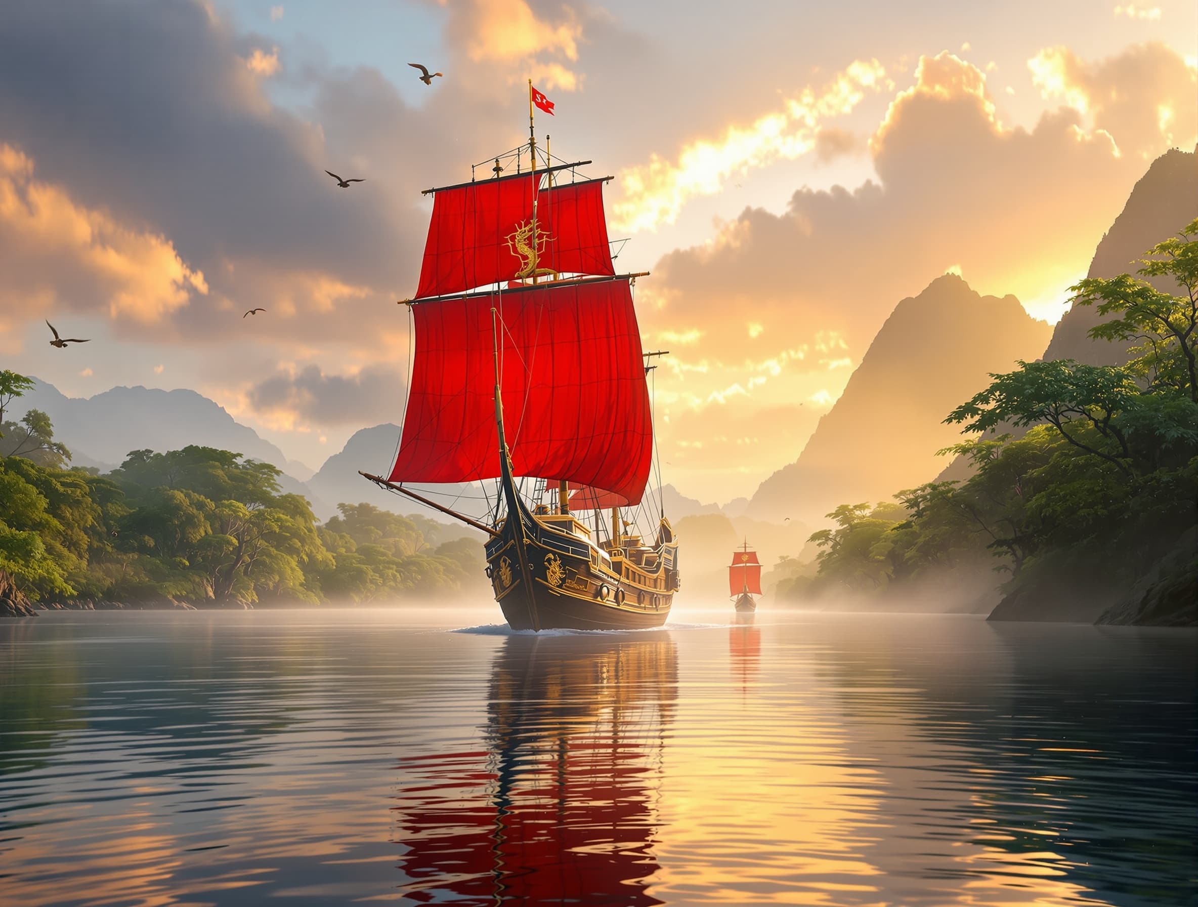 Cinematic animated sequence of three عظ majestic 12th–13th century Song–Yuan Dynasty treasure ships (ancient Chinese bahtera) sailing across the calm waters of Bone Bay, Indonesia, at sunrise. The ships are massive wooden vessels with towering masts, red silk sails, intricate golden dragon carvings, and detailed deck structures, symbolizing early maritime power. Soft ocean mist drifts over the water as warm golden sunlight illuminates the tropical Sulawesi coastline, with lush green mountains in the distance. The scene transitions as the three ships approach the river mouth and slowly enter the Rongkong River, navigating through a narrow, winding waterway surrounded by dense jungle, mangroves, and mist-covered hills. The water becomes calmer and reflective, mirroring the ships and vegetation. Subtle movement of birds, flowing river currents, and drifting fog enhance realism. Highly detailed, cinematic lighting, volumetric fog, ultra-realistic water physics, smooth animation, epic historical atmosphere, immersive composition, vertical framing --ar 9:16”