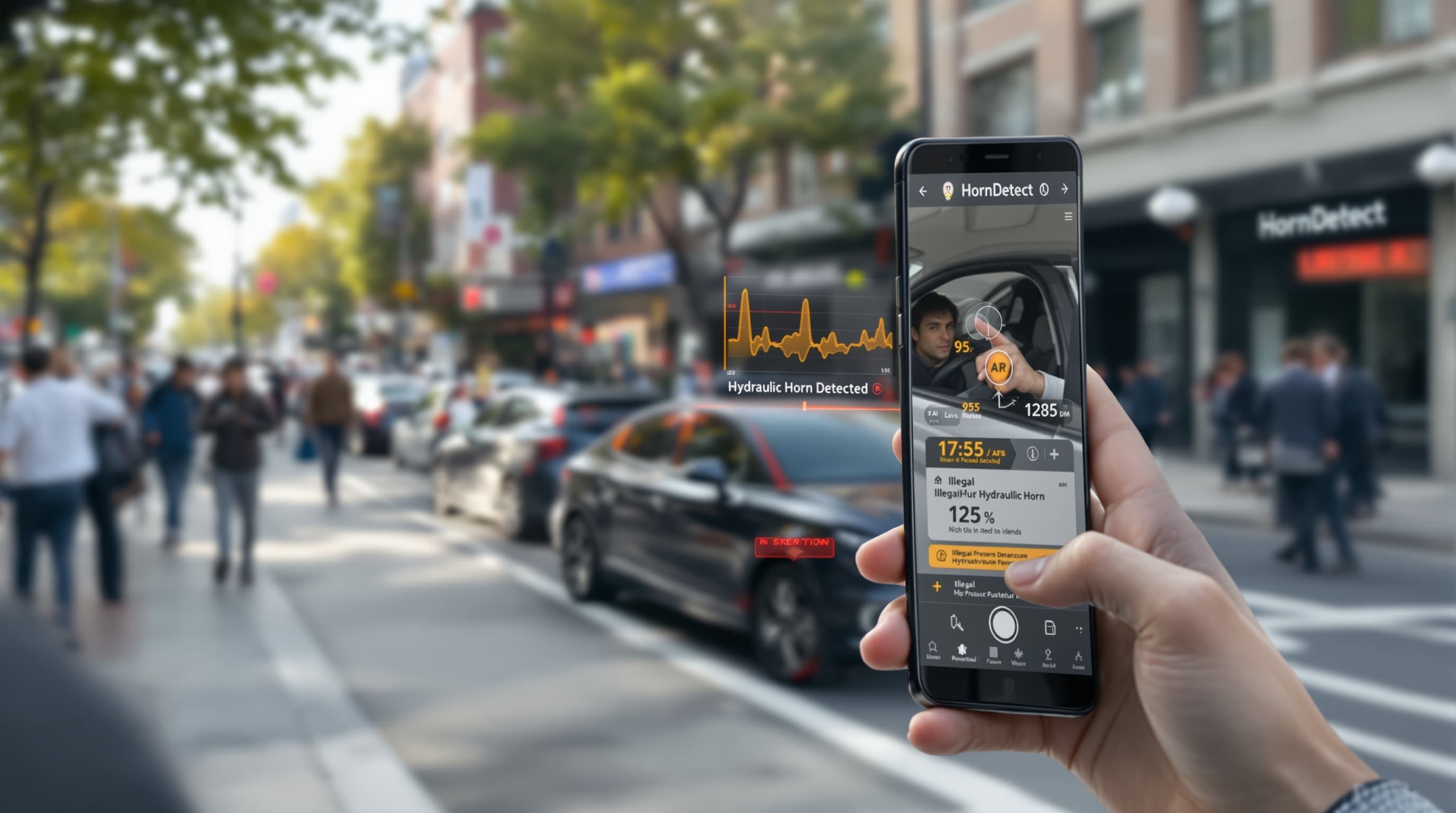 A realistic cinematic smartphone app demonstration showing a person standing beside a busy urban street testing a car horn. The person points their phone toward a parked car and activates a mobile app called “HornDetect.” The app displays real-time sound wave visualization, decibel meter rising rapidly (95 dB to 125 dB), frequency spectrum analysis, and an AI label detecting “Hydraulic Horn Detected” with a red warning alert. Show the car driver pressing the horn, loud horn sound, nearby people reacting, and the app highlighting “Illegal High-Pressure Hydraulic Horn.” Include modern UI, clean dashboard, live microphone detection, warning icons, traffic police compliance concept, realistic daylight city environment, professional technology style, highly detailed, cinematic lighting, smooth camera movement, ultra-realistic, 4K.