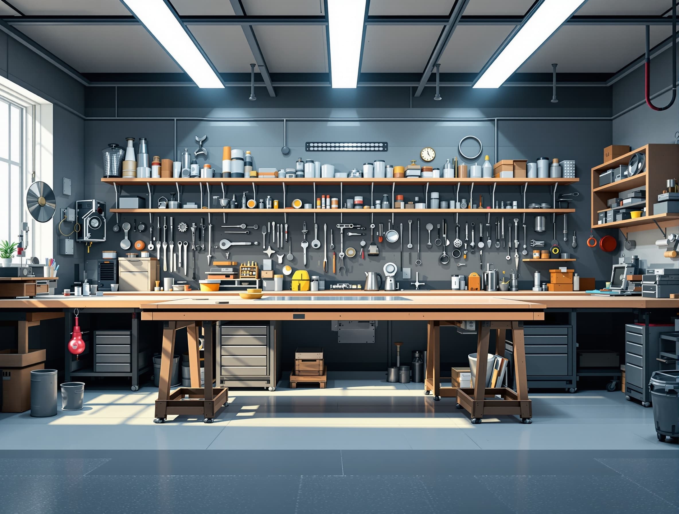 stylized illustration, rich texturesperfectly organized workshop, spotless workbench, no signs of use, minimalistic, symmetrical composition, cold cinematic lighting, slightly eerie atmosphere, ultra realistic --ar 16:9 --v 6