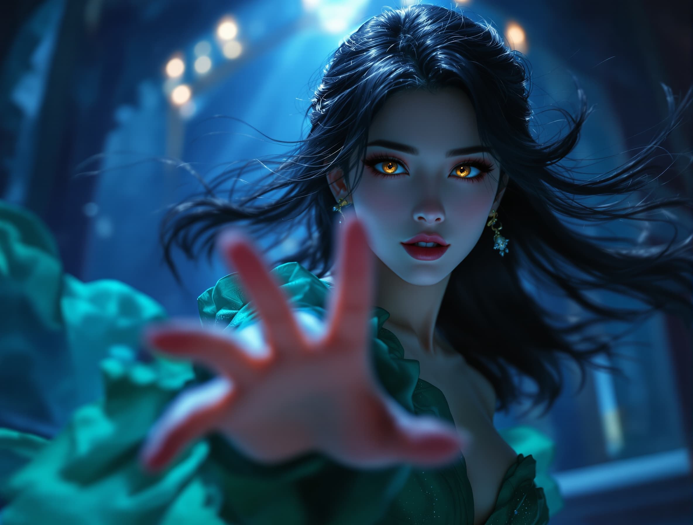 Cinematic anime-style dark scene, low angle shot of a beautiful woman in emerald green gown reaching her hand toward the camera. Slow dramatic push-in camera movement, her fingers subtly moving as if trying to grab the viewer, hair flowing in the wind, glowing eyes subtle effect, intense confident expression, cloth and hair physics, moody blue lighting, background shadows moving, slight head tilt, blinking, breathing motion, ultra detailed, dramatic depth of field, smooth motion, anime movie quality, dynamic perspective, 4k cinematic, suspense atmosphere.