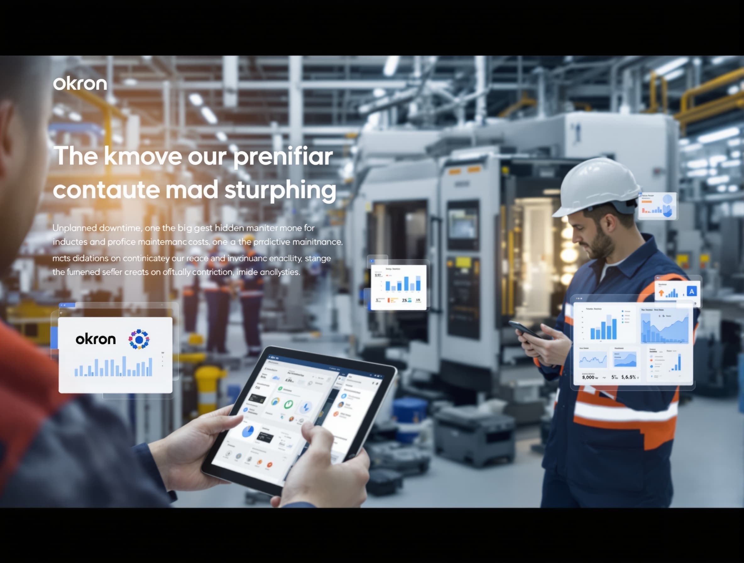 Create a 20–30 second modern corporate LinkedIn video for an industrial CMMS software called Okron. Visual style: clean, industrial, high-tech, fast-paced (2–3s scenes), professional SaaS advertisement. Include factories, maintenance technicians, mobile/tablet app usage, dashboards, inventory systems, and AI automation visuals. Add modern instrumental corporate background music (no vocals), energetic and motivational, tech/startup style. Voice-over (English): “Unplanned downtime is one of the biggest hidden costs in industry. Okron is a CMMS software that helps reduce maintenance costs and improve efficiency through preventive and predictive maintenance, asset management, and integrated purchasing and inventory control. Technicians use an offline mobile app to record tasks, photos, signatures, and parts directly from the field. AI supports better decisions and optimizes maintenance processes. More control. Fewer incidents. Better performance. Discover Okron.” End with logo and call to action: “Discover Okron”