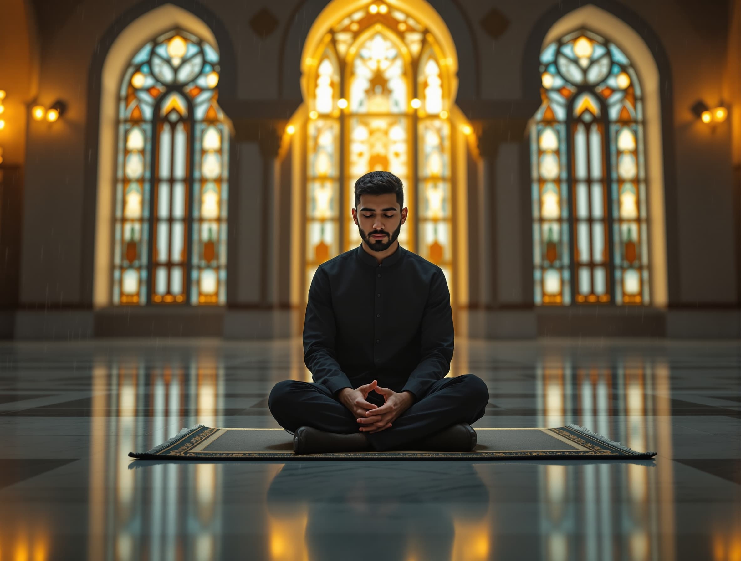 highly cinematic emotional Islamic scene at night inside a peaceful mosque, soft golden lights reflecting on marble floor, rain falling outside the windows, a young Muslim man sitting alone on prayer mat making dua, tears in his eyes, deep emotional expression, slow camera movement, shallow depth of field, ultra realistic skin details, cinematic lighting, soft atmosphere, spiritual and emotional mood, 4K ultra detailed, film style color grading, dramatic yet peaceful Islamic background feeling