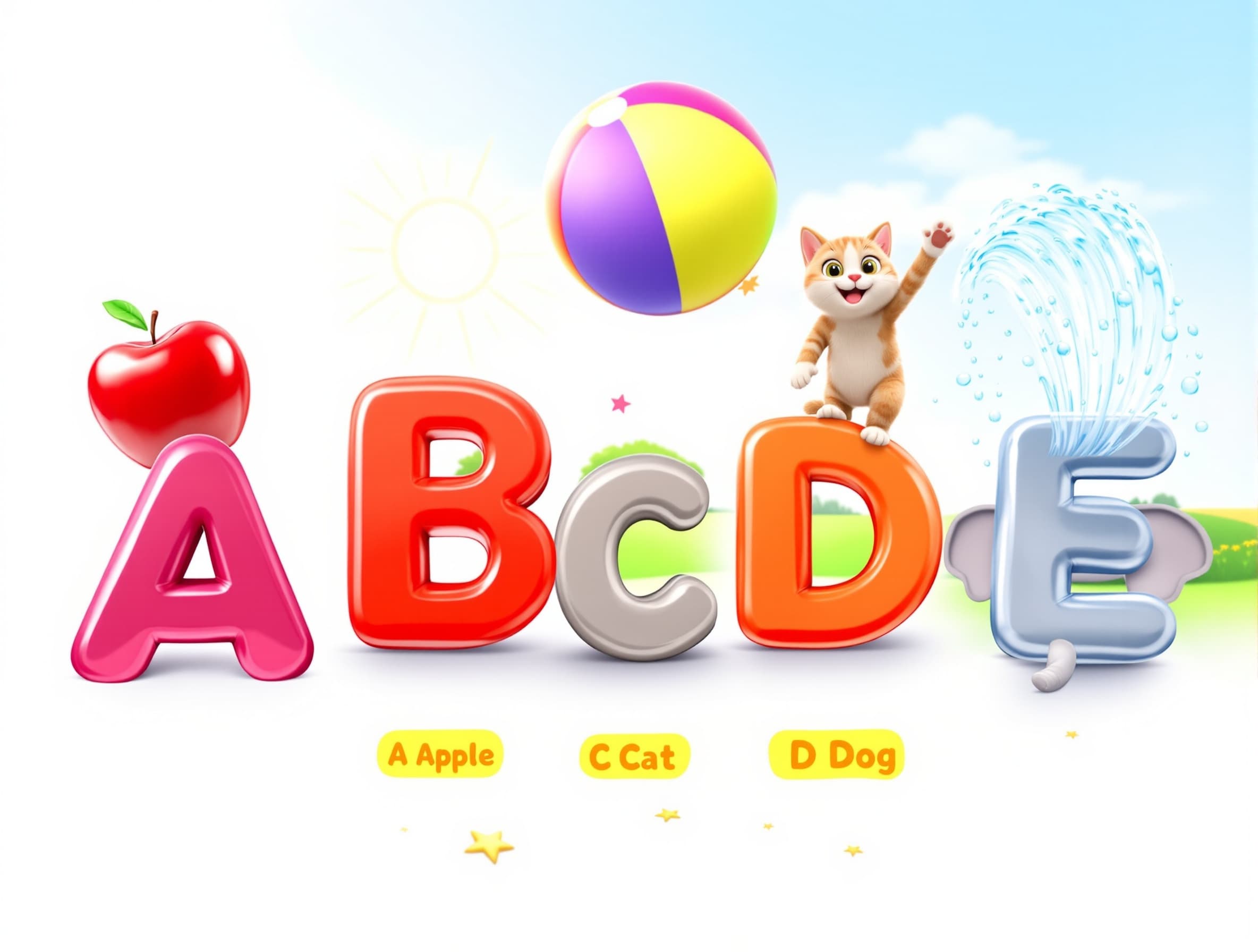 Scene: Rapid sequence of letters A B C D E appearing one after another with popping sound effects A: shiny red apple bouncing B: colorful ball bouncing high C: cute cat waving paw D: happy dog running E: elephant spraying water Each object appears quickly (about 1 second each), bold text: “A Apple, B Ball, C Cat, D Dog, E Elephant” Fast zoom transitions, cheerful energy, smooth flow