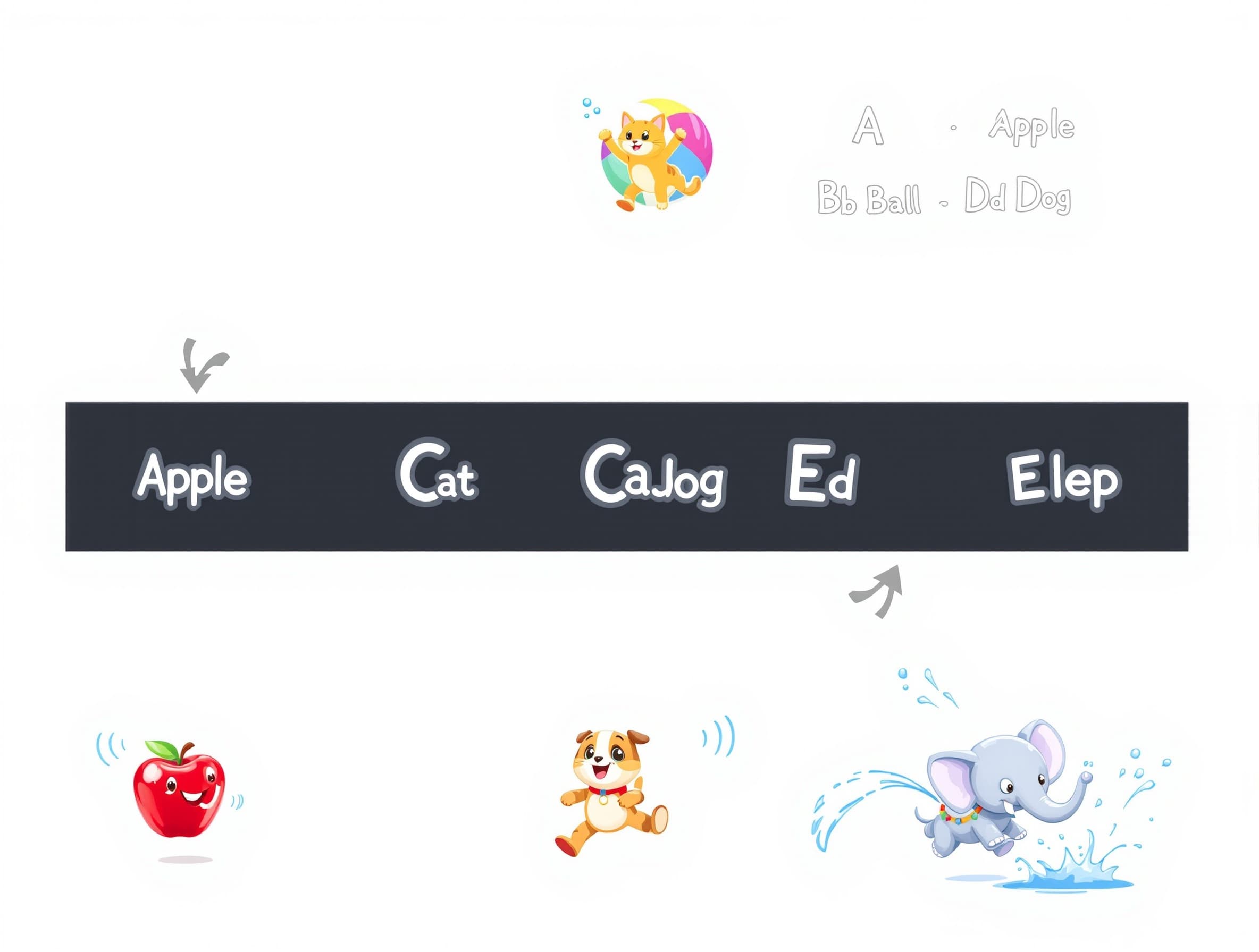 Scene: Rapid sequence of letters A B C D E appearing one after another with popping sound effects A: shiny red apple bouncing B: colorful ball bouncing high C: cute cat waving paw D: happy dog running E: elephant spraying water Each object appears quickly (about 1 second each), bold text: “A Apple, B Ball, C Cat, D Dog, E Elephant” Fast zoom transitions, cheerful energy, smooth flow