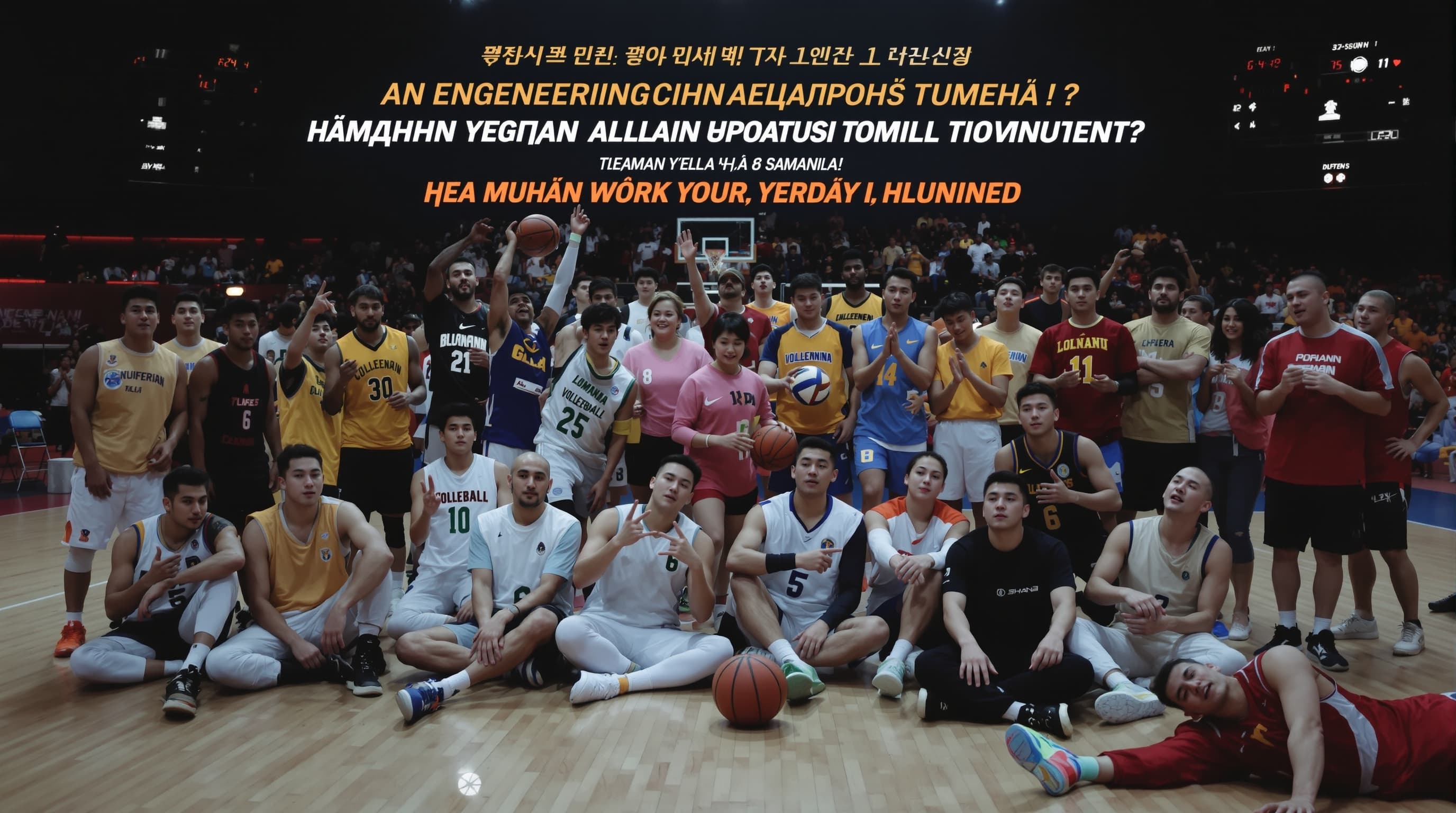 Create a 30-second cinematic vertical video about an Engineering Department sports tournament (basketball and volleyball). Scene 1 (0–5s): Text “🏀🏐 Инженерингийн албаны тэмцээн…” with energetic music, dramatic intro. Scene 2 (5–10s): Players warming up, tying shoes, stretching, close-up shots of determination. Scene 3 (10–20s): Action shots – basketball dunks, passes, volleyball spikes and blocks, fast cuts, crowd cheering. Scene 4 (20–25s): Team spirit – high fives, smiles, teamwork moments, slow motion. Scene 5 (25–30s): Big text on screen: “Тэмцээн эхлэх гэж байна! Та бүхэн бэлэн үү?” Style: cinematic, energetic, motivational, slow motion + fast cuts, 4K, dramatic lighting. Format: vertical (9:16)