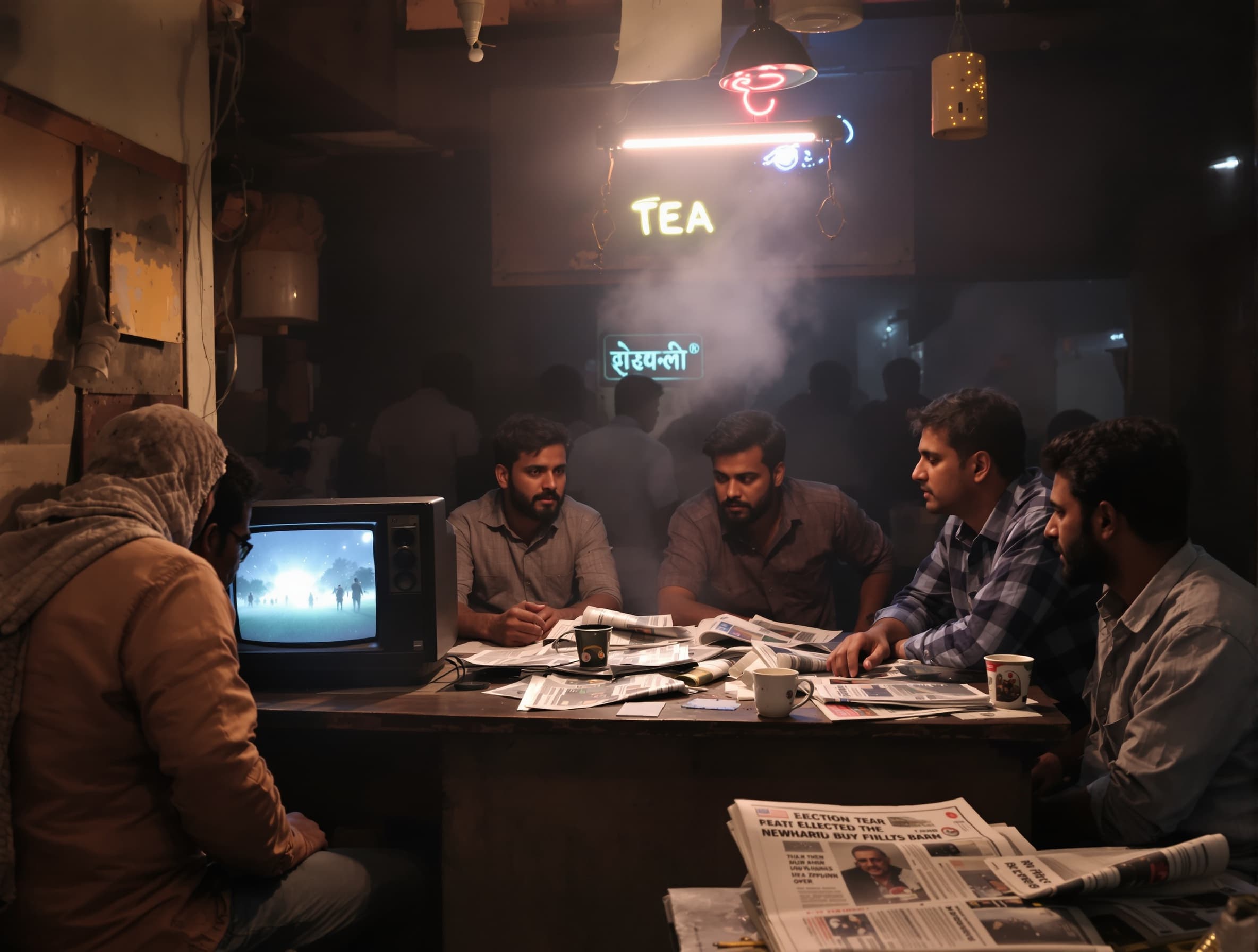 A cinematic scene of an Indian city early morning during election result day, people gathered around a small TV in a tea stall, anxious faces, newspapers, light fog, soft sunlight, realistic, emotional tension, slow motion, cinematic lighting