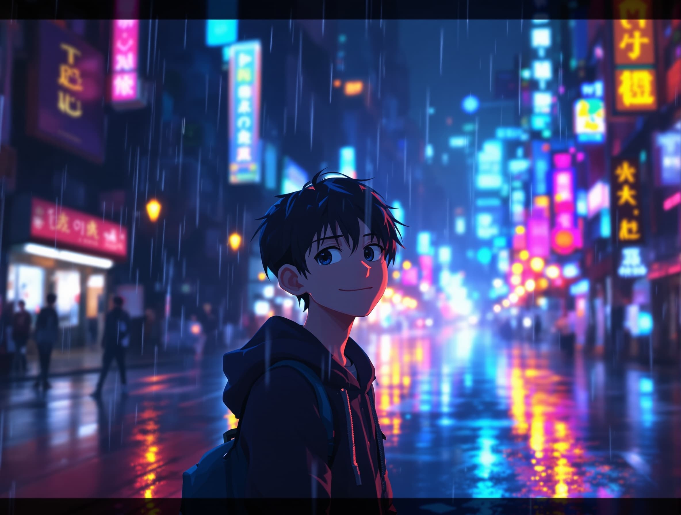 Anime style cinematic video of a lonely boy standing in the rain at night, neon city lights reflecting on the wet street, sad emotional mood. Suddenly the rain stops and the scene transforms into a bright glowing world, the boy smiles slightly, soft wind blowing, dramatic lighting, ultra-detailed, smooth animation, shallow depth of field, 4K, viral aesthetic, emotional transition, slow motion.
