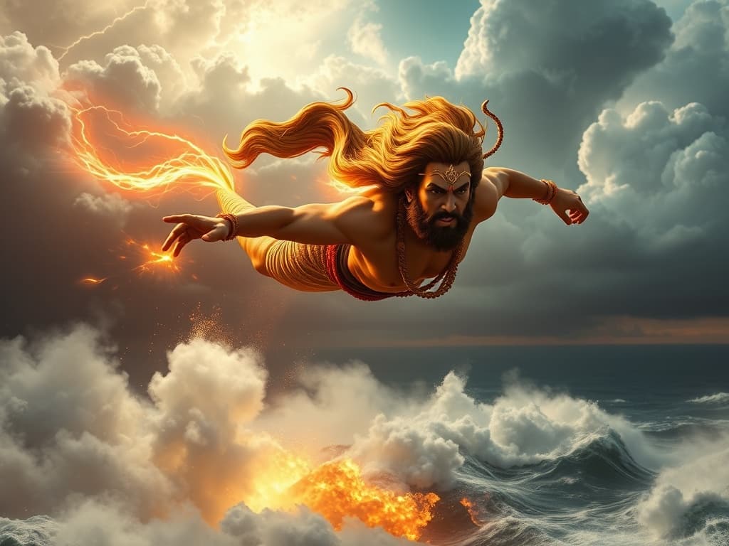 A cinematic ultra-realistic video of Hanuman flying across the sky at extreme speed. His body radiates a powerful golden divine aura, with intense motion blur showing supersonic velocity. His gada shines with glowing energy. Storm clouds swirl rapidly around him with lightning flashes illuminating the sky. Below, a vast ocean is violently boiling — water bubbling, steaming, and erupting with massive waves. Thick vapor rises into the air, glowing from reflected divine light. The ocean churns as if heated by Hanuman’s energy. Camera starts with a wide aerial shot, then dynamically tracks alongside Hanuman, followed by a slow-motion close-up of his determined face. His hair and tail flow wildly in the wind like flames. Wind streaks and energy particles trail behind him. Add dramatic cinematic lighting, volumetric clouds, god rays piercing through the sky, high contrast HDR visuals, 8K ultra detail, realistic physics simulation, epic mythological atmosphere.