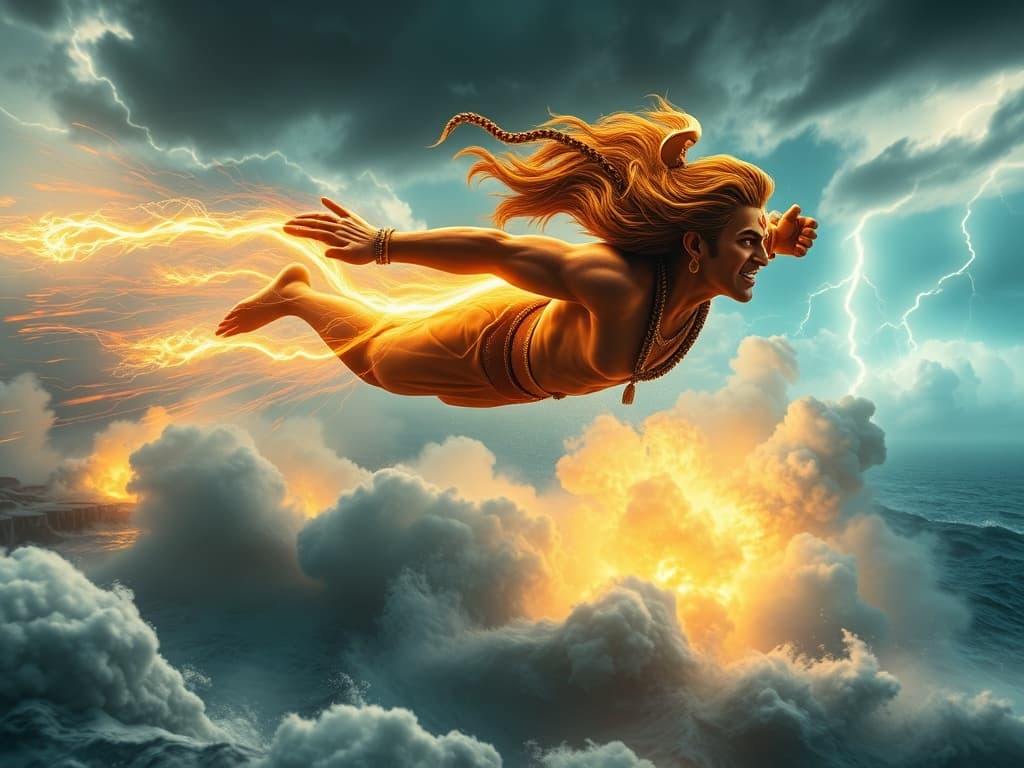 A cinematic ultra-realistic video of Hanuman flying across the sky at extreme speed. His body radiates a powerful golden divine aura, with intense motion blur showing supersonic velocity. His gada shines with glowing energy. Storm clouds swirl rapidly around him with lightning flashes illuminating the sky. Below, a vast ocean is violently boiling — water bubbling, steaming, and erupting with massive waves. Thick vapor rises into the air, glowing from reflected divine light. The ocean churns as if heated by Hanuman’s energy. Camera starts with a wide aerial shot, then dynamically tracks alongside Hanuman, followed by a slow-motion close-up of his determined face. His hair and tail flow wildly in the wind like flames. Wind streaks and energy particles trail behind him. Add dramatic cinematic lighting, volumetric clouds, god rays piercing through the sky, high contrast HDR visuals, 8K ultra detail, realistic physics simulation, epic mythological atmosphere.