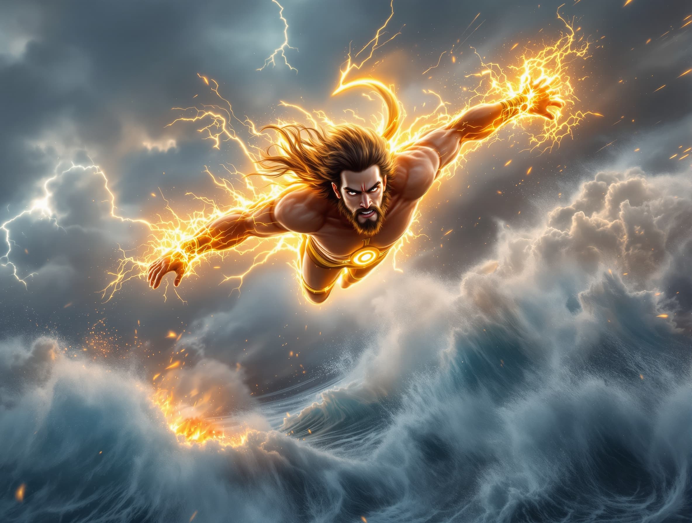 A cinematic ultra-realistic video of Hanuman flying across the sky at extreme speed. His body radiates a powerful golden divine aura, with intense motion blur showing supersonic velocity. His gada shines with glowing energy. Storm clouds swirl rapidly around him with lightning flashes illuminating the sky. Below, a vast ocean is violently boiling — water bubbling, steaming, and erupting with massive waves. Thick vapor rises into the air, glowing from reflected divine light. The ocean churns as if heated by Hanuman’s energy. Camera starts with a wide aerial shot, then dynamically tracks alongside Hanuman, followed by a slow-motion close-up of his determined face. His hair and tail flow wildly in the wind like flames. Wind streaks and energy particles trail behind him. Add dramatic cinematic lighting, volumetric clouds, god rays piercing through the sky, high contrast HDR visuals, 8K ultra detail, realistic physics simulation, epic mythological atmosphere.