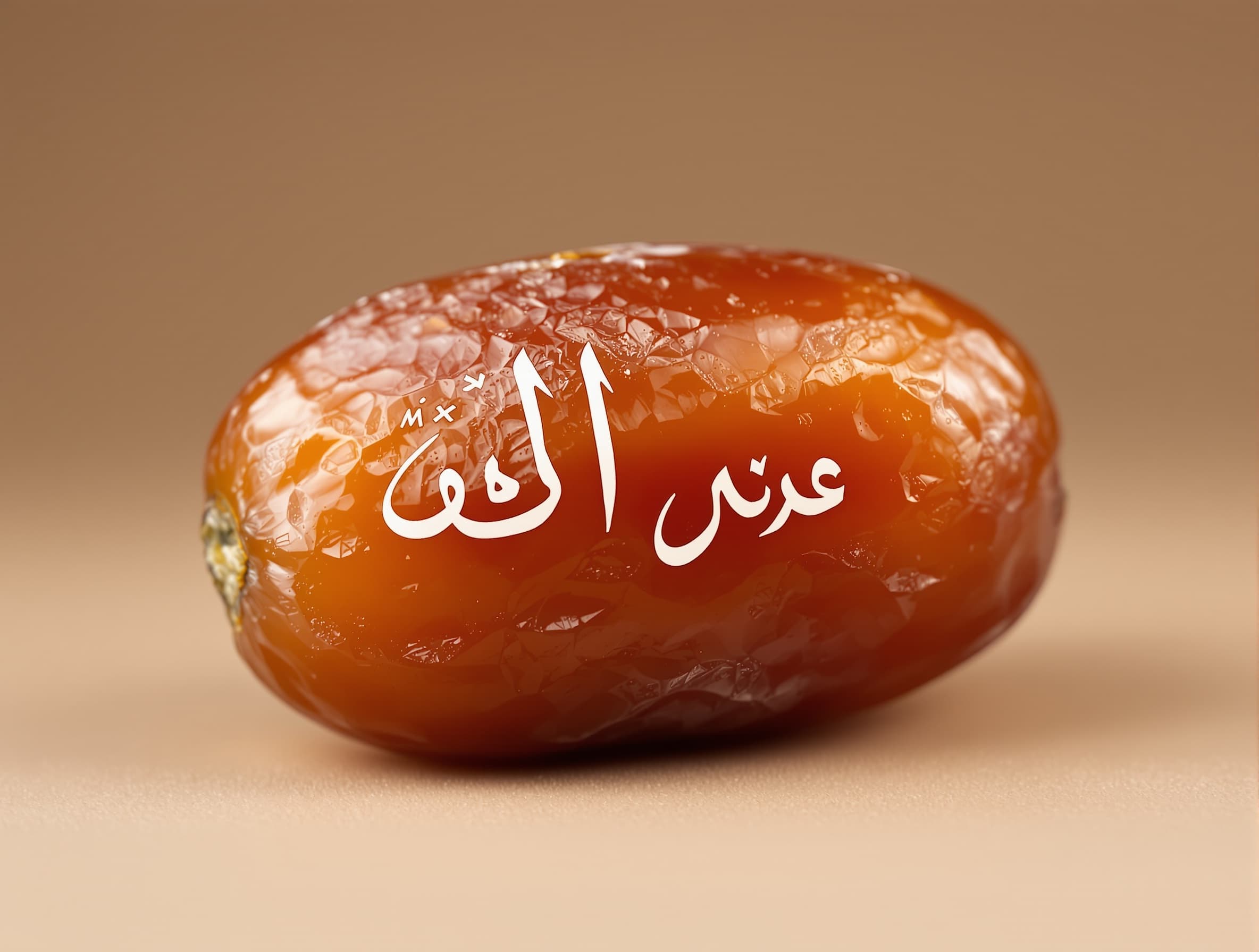 Ultra realistic macro photograph of a single date fruit (hurma), rich brown color, detailed texture, glossy surface, soft studio lighting, plain neutral background. On the surface of the date fruit, there is clear and readable Arabic calligraphy text: "نقير فتيل قطمير". The text is centered, properly aligned, not distorted, not blurry, elegant calligraphy style, high contrast, perfectly legible. Focus on the fruit, close-up shot, 4k detail.