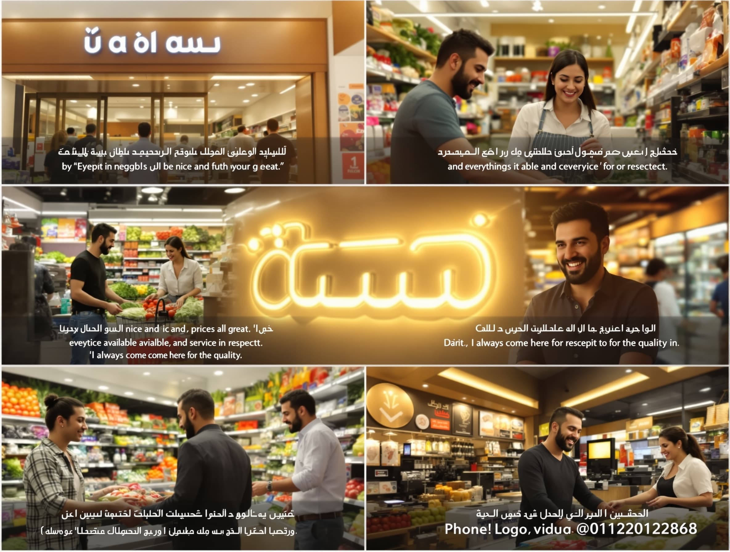 Create a short promotional video (20–30 seconds) for a supermarket called "سوبر ماركت السلطان". Scene 1: Exterior shot of a modern, clean supermarket with a sign that says: "سوبر ماركت السلطان" Customers entering happily. Scene 2: Inside the supermarket, bright lighting, organized shelves full of fresh المنتجات (خضار، فاكهة، منتجات غذائية). People shopping, picking items, smiling. Scene 3: عدة لقطات لعملاء بيتكلموا عربي (لهجة مصرية بسيطة) عن تجربتهم: - شاب: "بصراحة المكان هنا نضيف والأسعار كويسة جدًا" - سيدة: "كل حاجة متوفرة والخدمة محترمة" - رجل: "باجي هنا دايمًا علشان الجودة ممتازة" Scene 4: موظف بيساعد عميل بابتسامة. Scene 5: لقطة عند الكاشير، ناس بتدفع بسهولة وسعادة. Final Scene: عرض اللوجو بشكل احترافي مع إضاءة ذهبية: "سوبر ماركت السلطان" ورقم التليفون: "01120122868" Add background music: light, upbeat, friendly. Style: realistic, cinematic, warm colors, high quality. Language: Arabic voice and subtitles. Mood: trustworthy, welcoming, family-friendly.