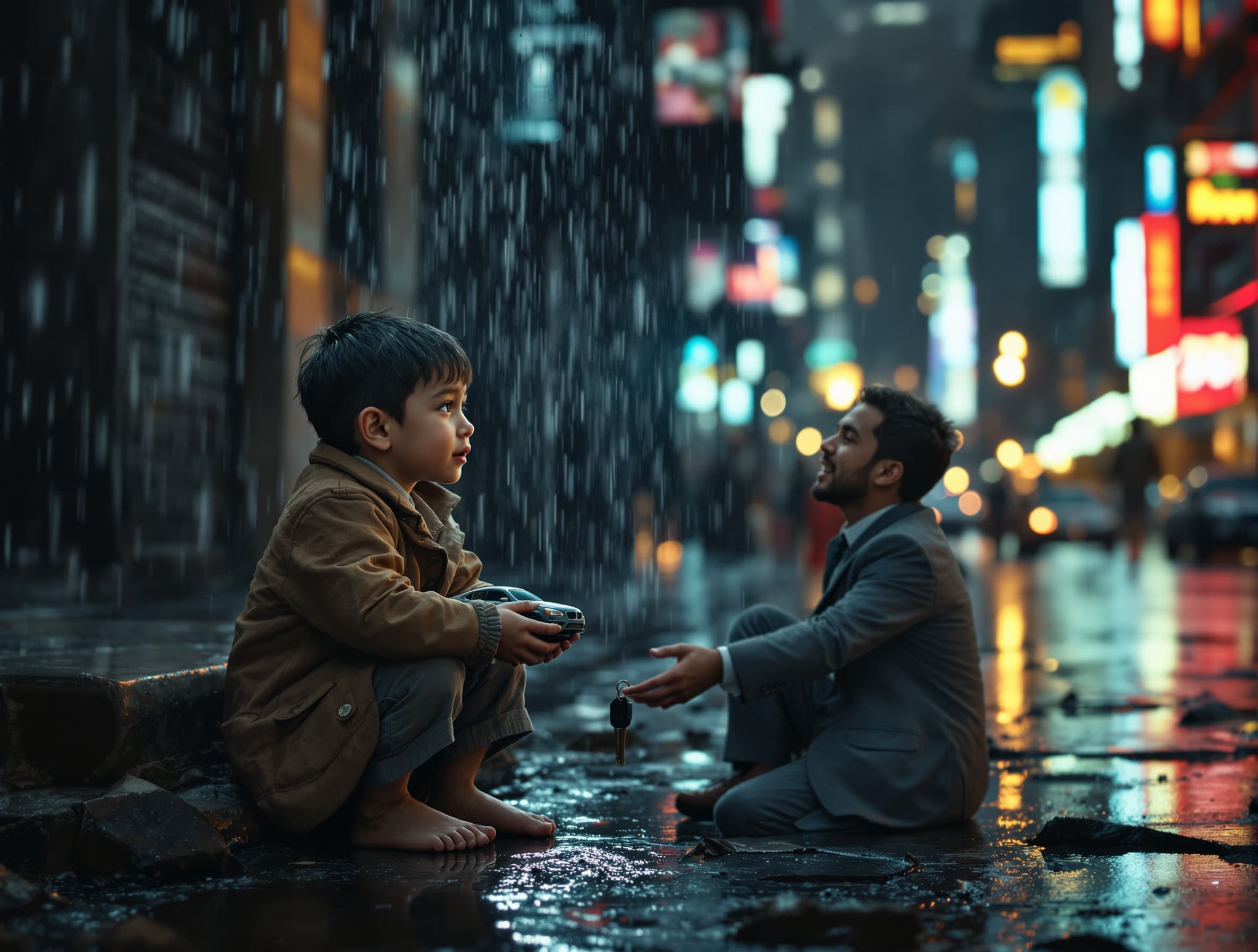A young poor boy sitting on a broken street in the rain, holding a small toy car, cinematic close-up. Suddenly the rain freezes mid-air, everything goes silent. A future version of himself in a luxury suit walks past him, drops real car keys into his hand. As the boy looks up, the world transforms into a rich modern city, neon lights glowing. End with the boy blinking—and the scene resets back to the rainy street for a perfect seamless loop. Ultra realistic, dramatic lighting, emotional storytelling, 4K, slow motion, vertical 9:16
