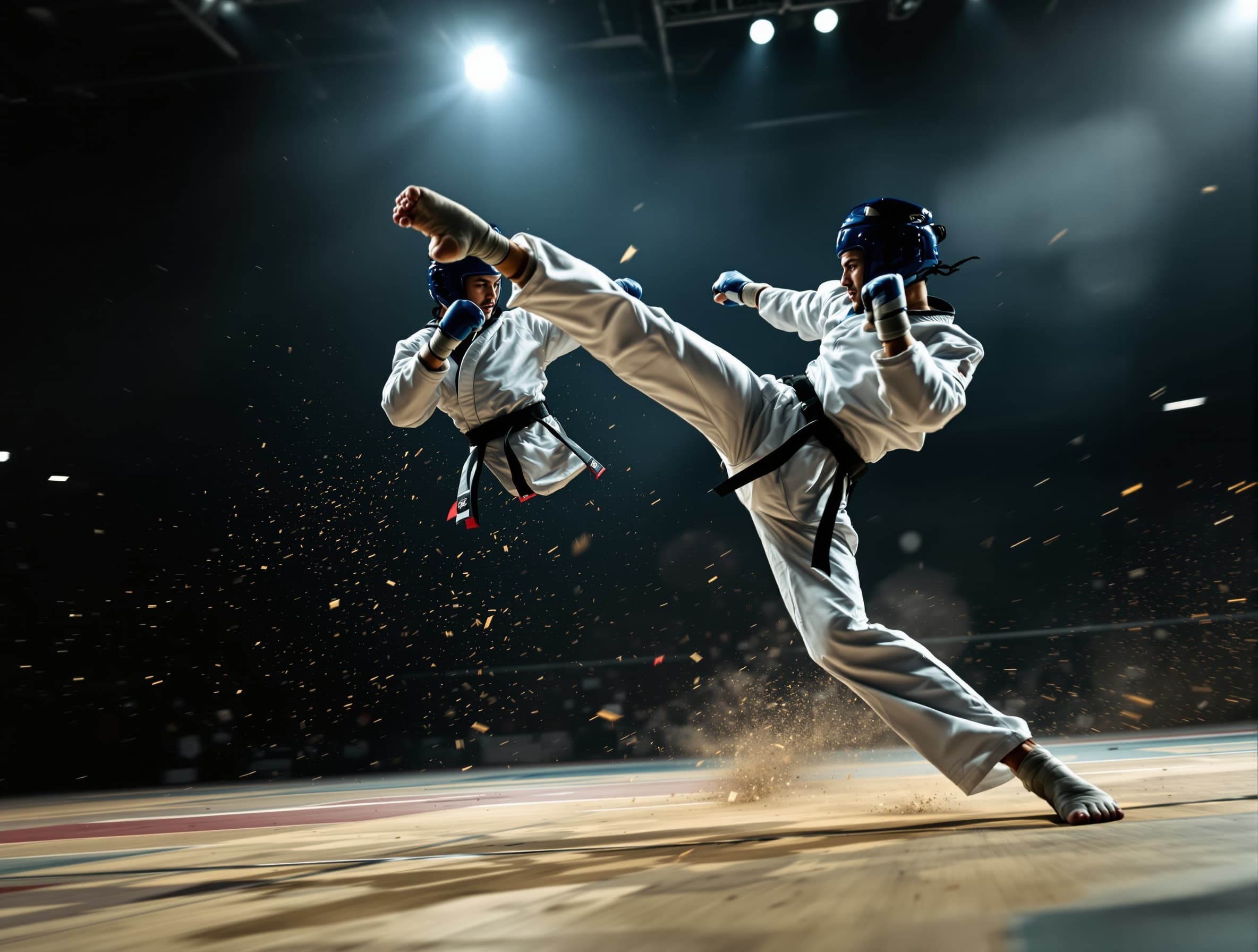 taekwondo fight scene, fast action, one fighter dodges and performs a powerful spinning roundhouse kick, slow motion impact, dramatic lighting, dynamic camera, realistic martial arts