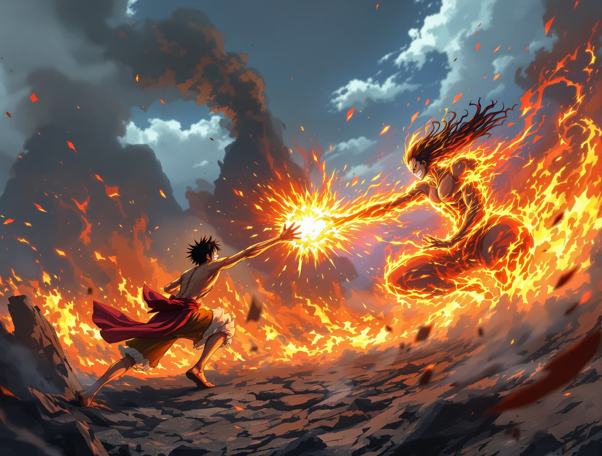 epic anime cinematic fight scene between Monkey D. Luffy (from One Piece) and Dhalsim (from Street Fighter), set on a volcanic island with lava rivers, smoke, and ancient ruins, dramatic lighting, high energy anime style Scene progression: Luffy falls from the sky and lands hard, cracking the ground, smiling confidently and excited for battle. Dhalsim is floating calmly in a meditative pose, surrounded by a subtle fire aura, eyes glowing with wisdom and control. They stare at each other intensely. Close-up on eyes. The wind rises, ground starts shaking, tension builds. Fight begins: Luffy stretches his arm with exaggerated elastic force and launches a powerful punch forward. Dhalsim extends his limbs unnaturally and counters mid-air. Their attacks collide, creating a massive shockwave, debris flying, cinematic motion blur. Power escalation: Luffy powers up with a strong aura (red and black haki-like energy), becoming more aggressive and fast. Dhalsim responds with "Yoga Flame", releasing massive waves of fire that fill the scene. Luffy pushes through the flames with brute force and determination. Climax: Luffy prepares a giant punch (gigantic fist, extreme perspective, anime exaggeration), launching it toward Dhalsim. Dhalsim teleports rapidly, leaving afterimages around the battlefield. Twist: Luffy's punch hits, but passes through an illusion. Dhalsim suddenly appears behind him, calm and composed, mystical presence. Ending: The environment begins to dissolve into glowing particles, lava fading, ruins disappearing. Both characters slowly fade away into energy. Final frame shows Luffy smiling as everything vanishes. Style: highly dynamic anime camera, cinematic angles, motion blur, strong visual effects, exaggerated physics, intense expressions, fast pacing, dramatic lighting, 4K quality, loopable ending