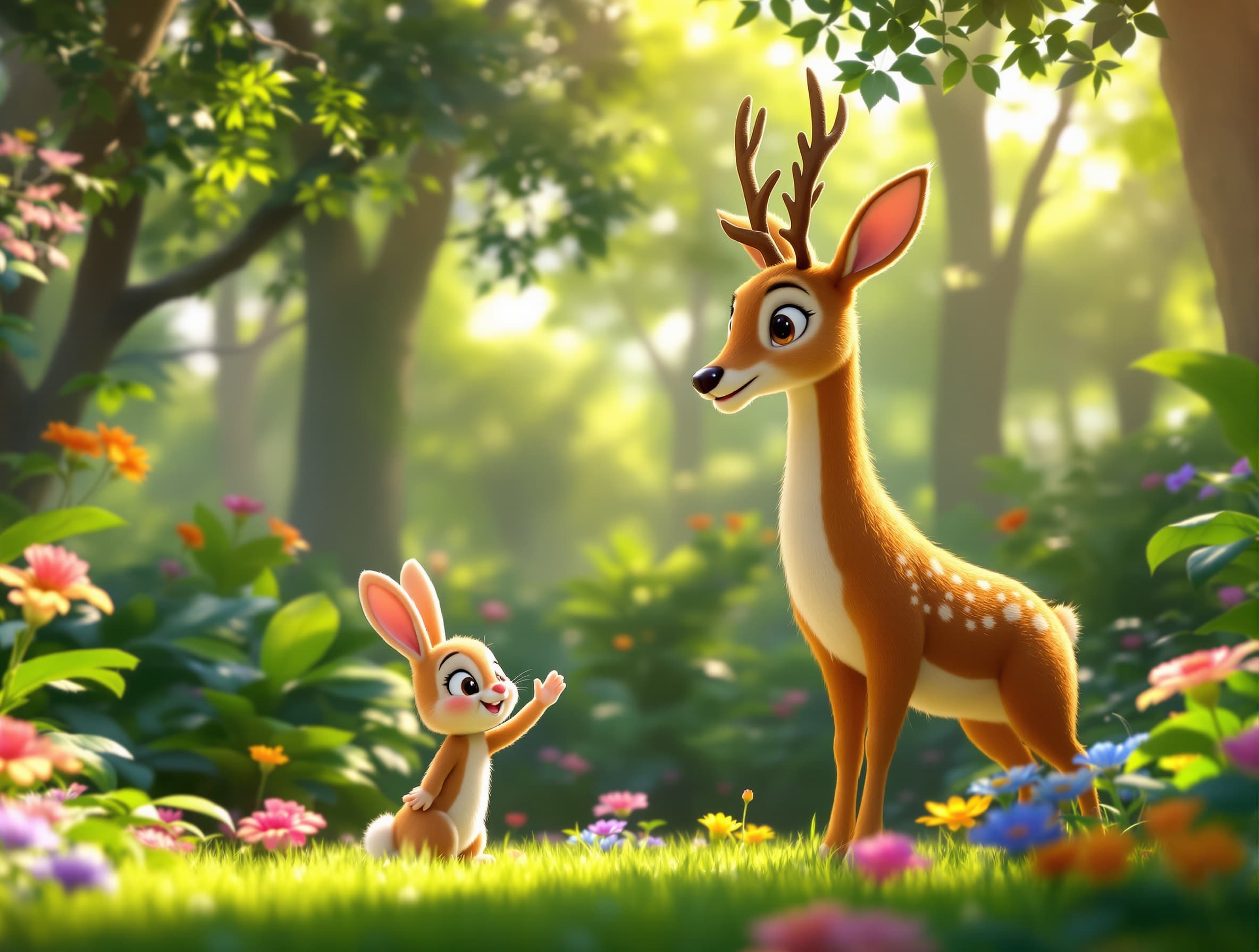 Peaceful green jungle after danger, rabbit smiling and thanking deer Noor, happy emotions, bright sunlight, colorful flowers, magical environment, cartoon kids animation, 3D Pixar style, ultra HD, vertical 9:16, 1080x1920