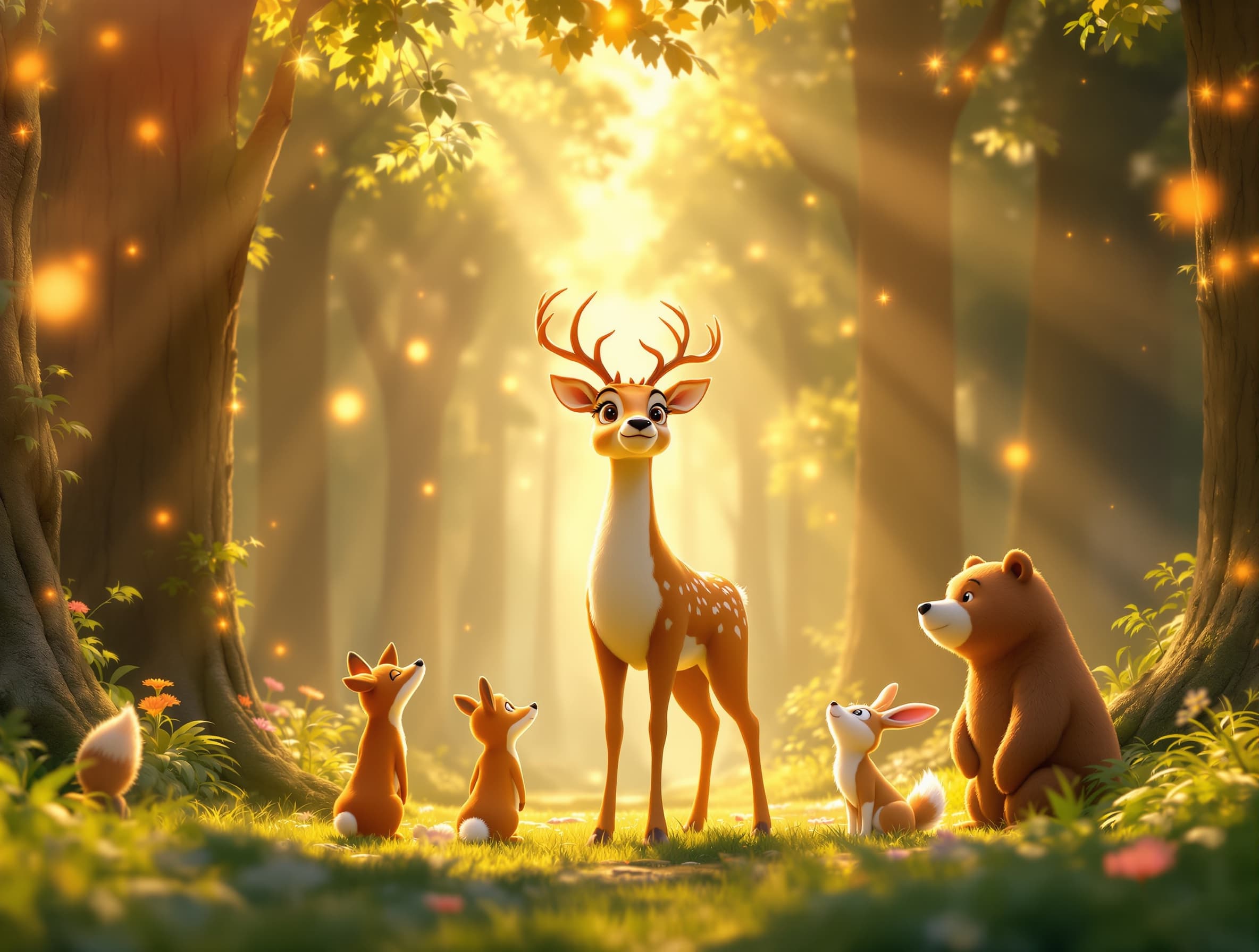Deer Noor standing proudly like a hero, other animals around admiring him, golden sunlight, emotional ending, magical forest background, cartoon kids animation, 3D Pixar style, ultra HD, vertical 9:16, 1080x1920
