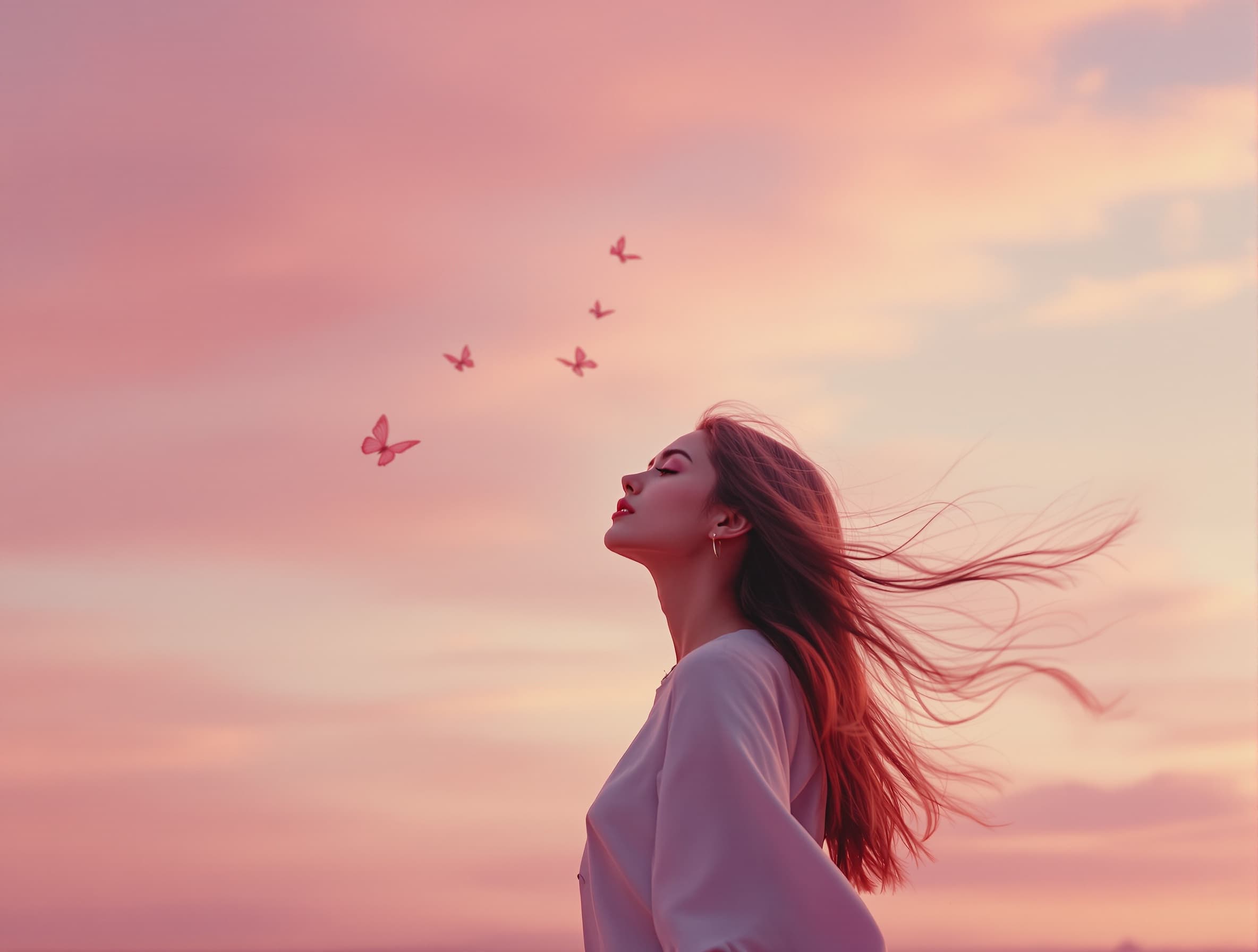 A dreamy young woman walking alone in a pink sunset sky, soft wind blowing her hair, butterflies around her, cinematic lighting, emotional and peaceful mood, vertical TikTok style, ultra aesthetic, soft pastel tones