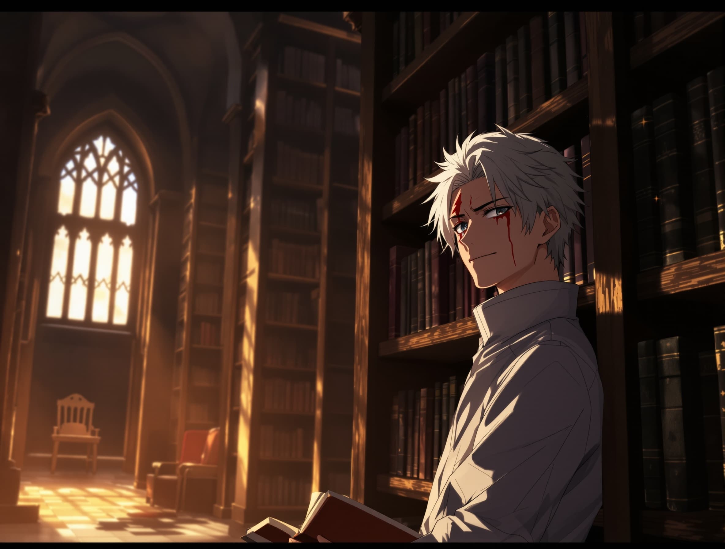 cinematic anime scene, locked camera, no camera movement, same exact composition, same angle and perspective, a white-haired young man with a blood-streaked forehead and tear on his face, leaning against a tall wooden bookshelf, one hand resting on a book on the shelf, intense but quiet expression, subtle smirk, emotional tension environment: dark gothic stone tower library, only bookshelves and books, no windows, no chairs, no tables, enclosed space, warm light entering from an unseen open door behind the camera, soft directional lighting casting long shadows motion: extremely subtle animation only, character remains in the exact same pose, very slight breathing, minimal hair movement, tear slowly moving down the cheek, faint flicker of warm light, tiny dust particles floating in the air style: high quality anime, clean sharp lineart, soft cel shading, detailed volumetric lighting, natural colors, cinematic depth of field, 4k, highly detailed, dramatic atmosphere negative: camera movement, pose change, exaggerated motion, extra objects, windows, chairs, text, subtitles, distortion, blur, low quality