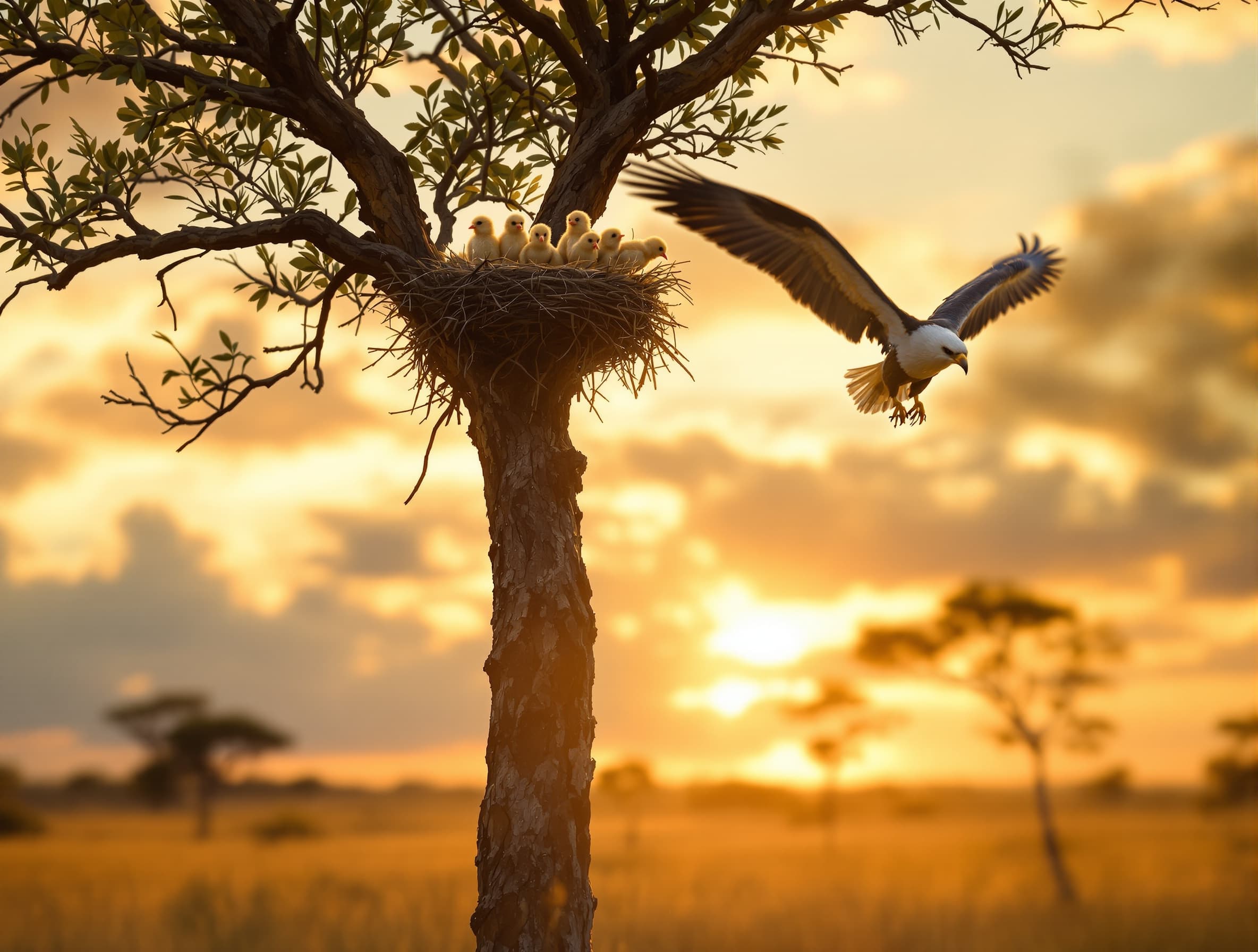 Create a high-quality cinematic wildlife story video with strong emotional storytelling. Scene 1: A tall tree with a small bird nest on top, containing several baby chicks waiting for their mother. Scene 2: An eagle suddenly flies in and aggressively grabs the baby birds from the nest and flies away into the sky. Scene 3: The eagle lands on the ground holding the baby birds in its claws. Scene 4: A lion suddenly appears and attacks the eagle in a powerful and dramatic action scene. Scene 5: The lion defeats the eagle and carefully rescues the baby birds without harming them. Scene 6: The lion gently carries the baby birds in its mouth and walks back to the same tree where the nest is above. Scene 7: The lion softly places the baby birds safely under the tree, directly below their nest. Scene 8: The mother bird returns, picks up the baby birds, and takes them back into the nest. Style: ultra-realistic, cinematic, emotional, wildlife documentary style. Lighting: dramatic natural lighting, sunset tones. Camera: smooth transitions, cinematic angles, close-ups for emotions, slow motion during attack scenes. Quality: 4K resolution, highly detailed. Duration: long video (to allow short clips creation).