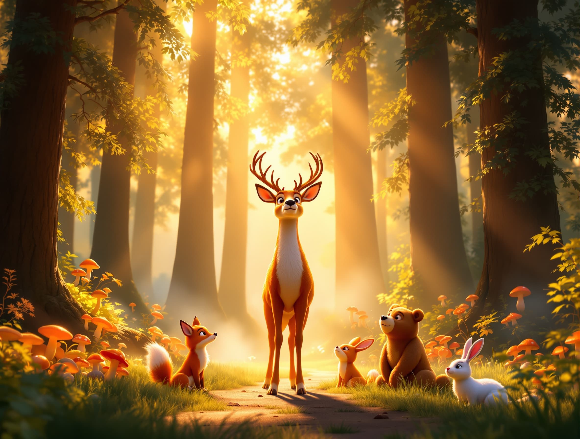 Deer Noor standing proudly like a hero, other animals around admiring him, golden sunlight, emotional ending, magical forest background, cartoon kids animation, 3D Pixar style, ultra HD, vertical 9:16, 1080x1920